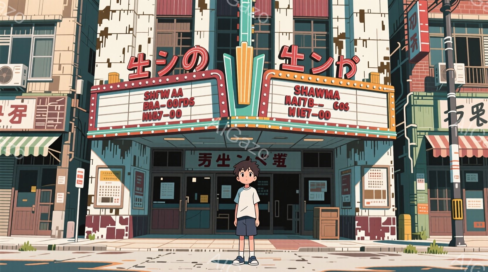 若い男の子が、古い映画館の前に立っている。彼は青い半袖シャツ、短パン、白い靴を履き、黒髪を短く切っている。背景には、派手な看板と、日本の商店街の建物が並び、活気ある雰囲気を感じさせる。