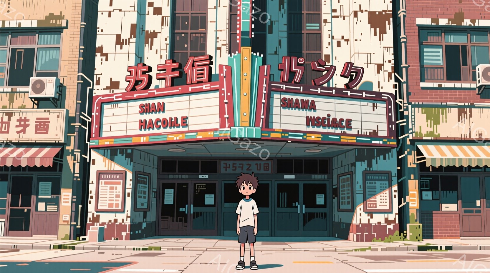 少年は青い半袖シャツと短いズボン、白い靴を履いて、映画館の前に立っている。彼の髪型は短く、表情はやや無表情で、少し緊張しているように見える。背景には、カラフルでブロック状の建物が並び、緑の植物が点在し - AI生成フリー素材