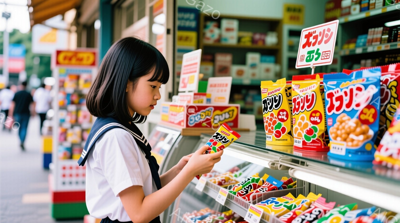 制服を着た少女が、お菓子が並んだガラスケースの前で何かを選んでいる様子が写っています。彼女は黒髪で、前髪を短く切り揃え、真剣な表情で小袋に入ったお菓子を手に取り、注意深く見ています。背景には、お菓子がぎっしりと並んだ棚と、ぼやけた人影が見え、明るく活気のあるお店の雰囲気が伝わってきます。
