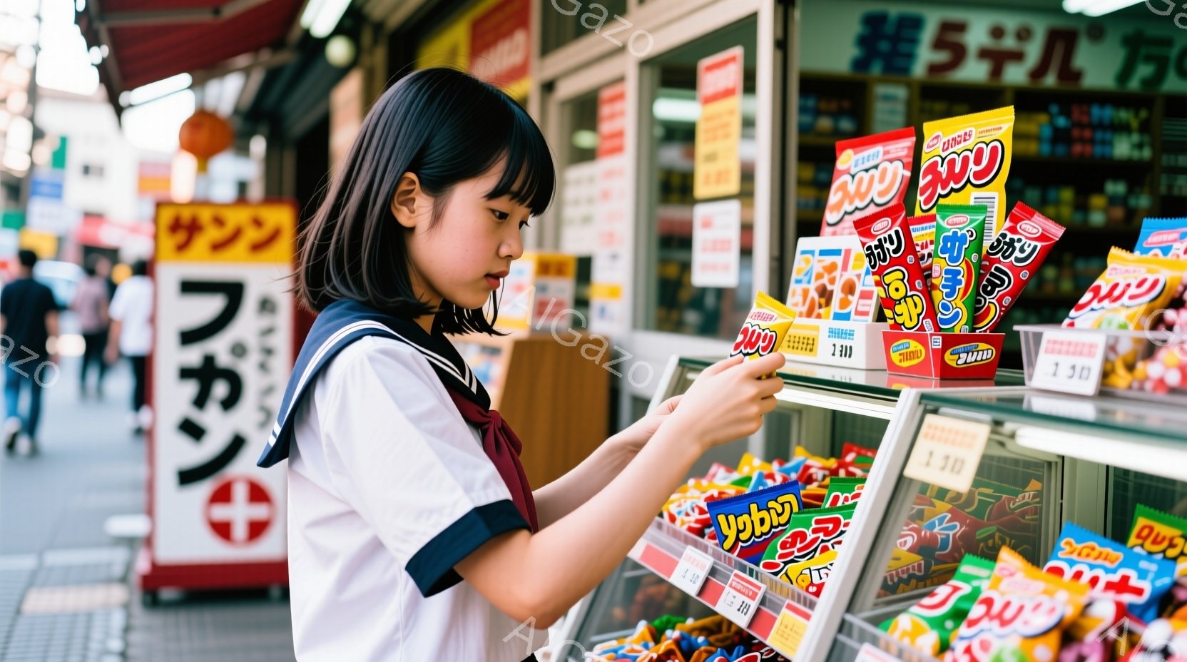 制服を着た若い女性が、お菓子が並んだ自動販売機の前で何かを選んでいる様子が写っています。彼女はロングヘアで、前髪が少し垂れており、集中した表情で商品を眺めています。背景には、カラフルな看板や自動販売機が並び、賑やかな商店街の雰囲気が感じられます。