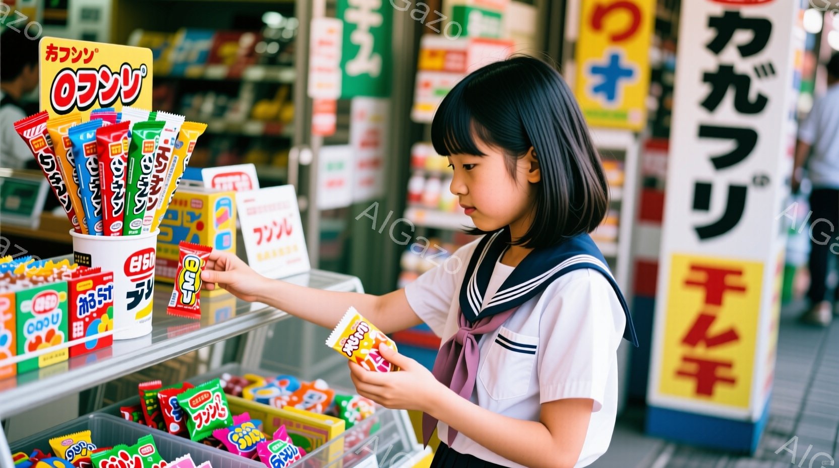 お菓子屋さんの棚の前でキャンディーを選んでいる若い女性を捉えています。彼女はセーラー服を着ており、長い黒髪は後ろで結ばれています。彼女はキャンディーの包装を注意深く見ながら、少し微笑んでいます。