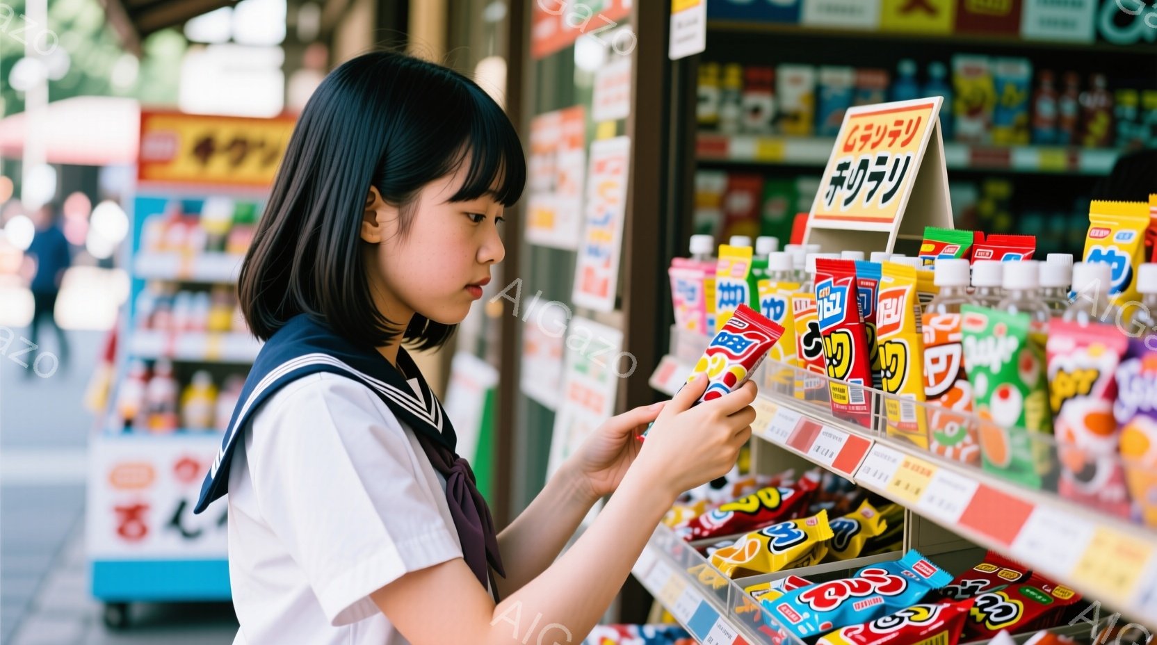 制服を着た若い女性が、お菓子や飲み物が並んだ棚の前で何かを選んでいる様子が写っています。彼女は黒髪のショートヘアで、少し前かがみになり、興味深そうに商品のラベルを読んでいます。背景には、カラフルな商品が並び、屋外の店構えが見え、日差しが差し込む暖かい雰囲気です。