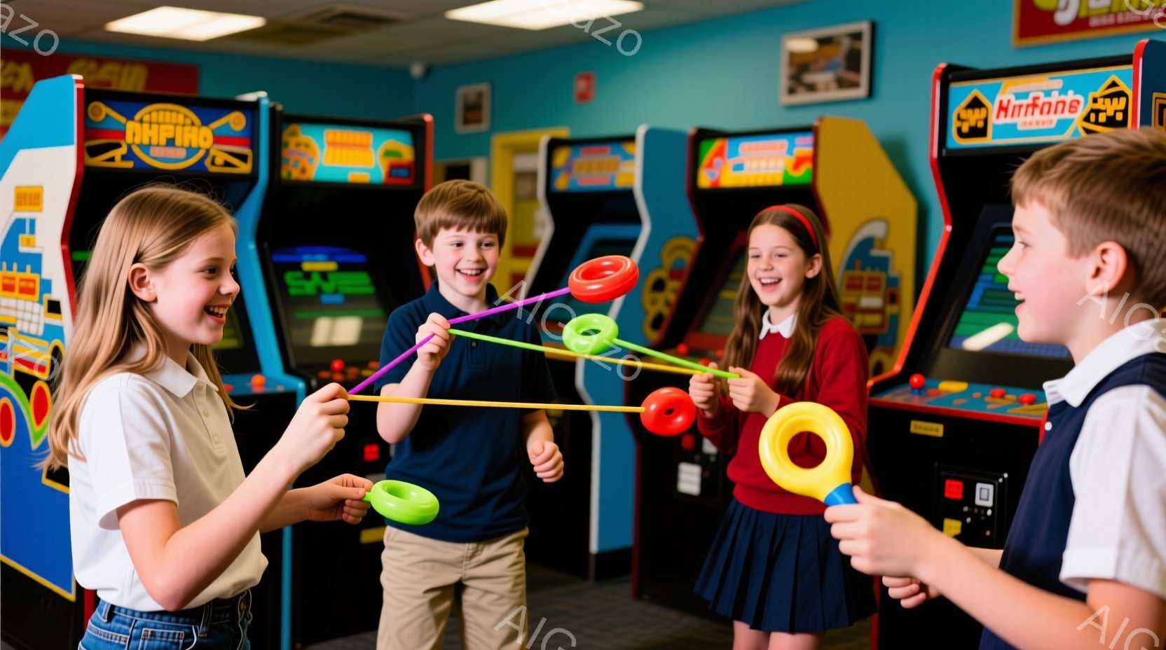 4人の子供たちが、遊園地のゲームセンターのような場所で、光るおもちゃの輪を使って遊んでいます。女の子は明るい髪で、笑顔で輪を回しています。背景にはカラフルなゲーム機が並び、全体的に明るく楽しい雰囲気が漂っています。