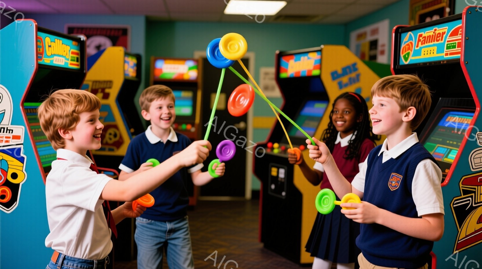 4人の子供たちがアーケードゲームの前に立って、カラフルなヨーヨーを遊んでいます。彼らは皆、明るい色のセーターとズボンまたはスカートを身に着けており、笑顔で活気に満ちた雰囲気です。背景には様々なアーケードゲーム機が並び、ゲームセンターの賑やかな様子が伺えます。