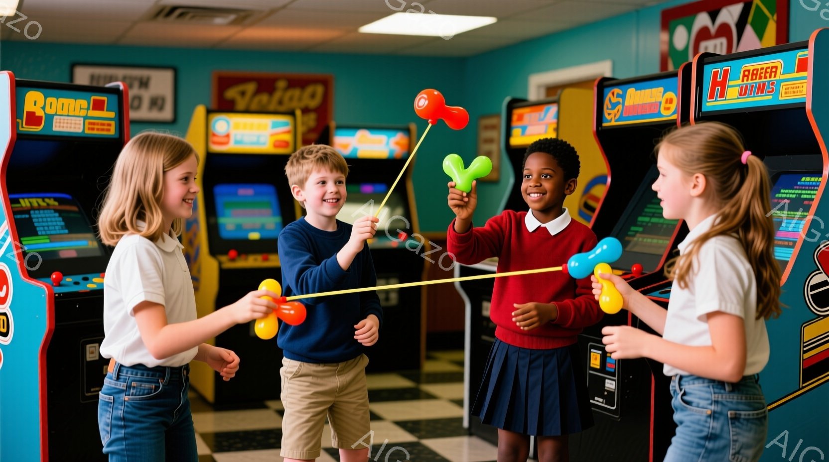 4人の子供たちが、それぞれバルーンで作られた動物の形をしたおもちゃを持って遊んでいます。女の子は明るい色のジーンズとTシャツを着ており、髪は長く、笑顔で互いに向き合っています。背景にはアーケードゲーム機が並び、活気があり楽しげな雰囲気の室内であることがわかります。