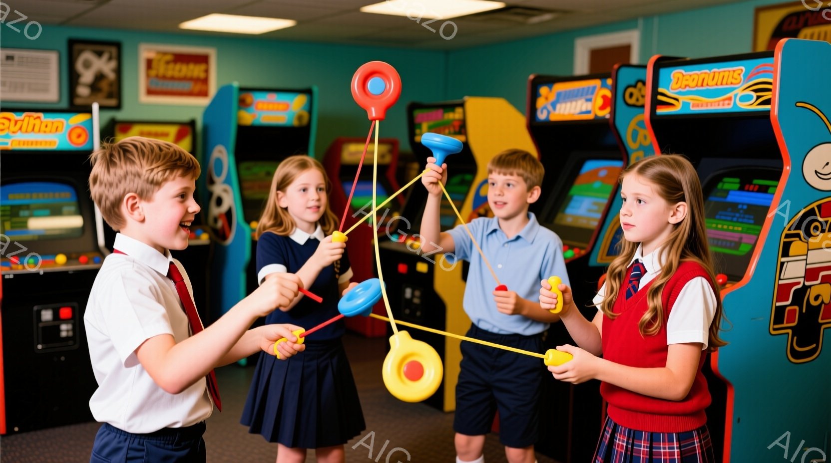 4人の子供たちが、それぞれヨーヨーを手に楽しそうに遊んでいます。彼らは皆、制服のような服装をしており、赤いネクタイとチェックのスカート（女の子）や紺色のズボン（男の子）が特徴的です。背景にはアーケードゲーム機が並び、室内で明るく活気のある雰囲気を感じさせます。
