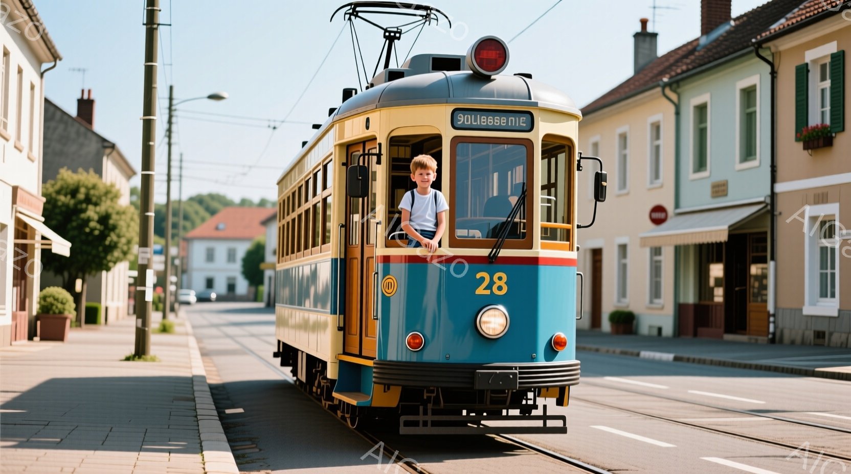 少年は、青とクリーム色の古い路面電車の中で、運転席に座って笑顔を見せています。彼は白いTシャツを着ており、金髪を短く切っています。背景には、石畳の道に沿って並ぶ住宅や緑豊かな木々が見え、晴れた日の穏や - AI生成フリー素材