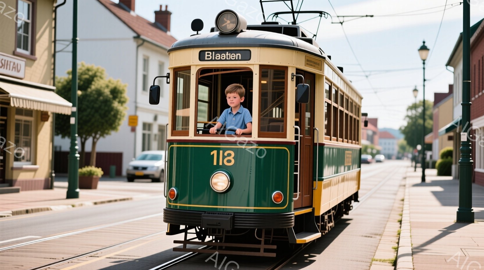緑とクリーム色のレトロな路面電車が、石畳の道を進んでいます。運転席には、茶色の髪の少年がいて、真剣な表情でハンドルを握り、運転を楽しんでいるようです。背景には、レンガ造りの建物や緑の木々が並び、晴天の穏やかな午後の雰囲気が漂っています。