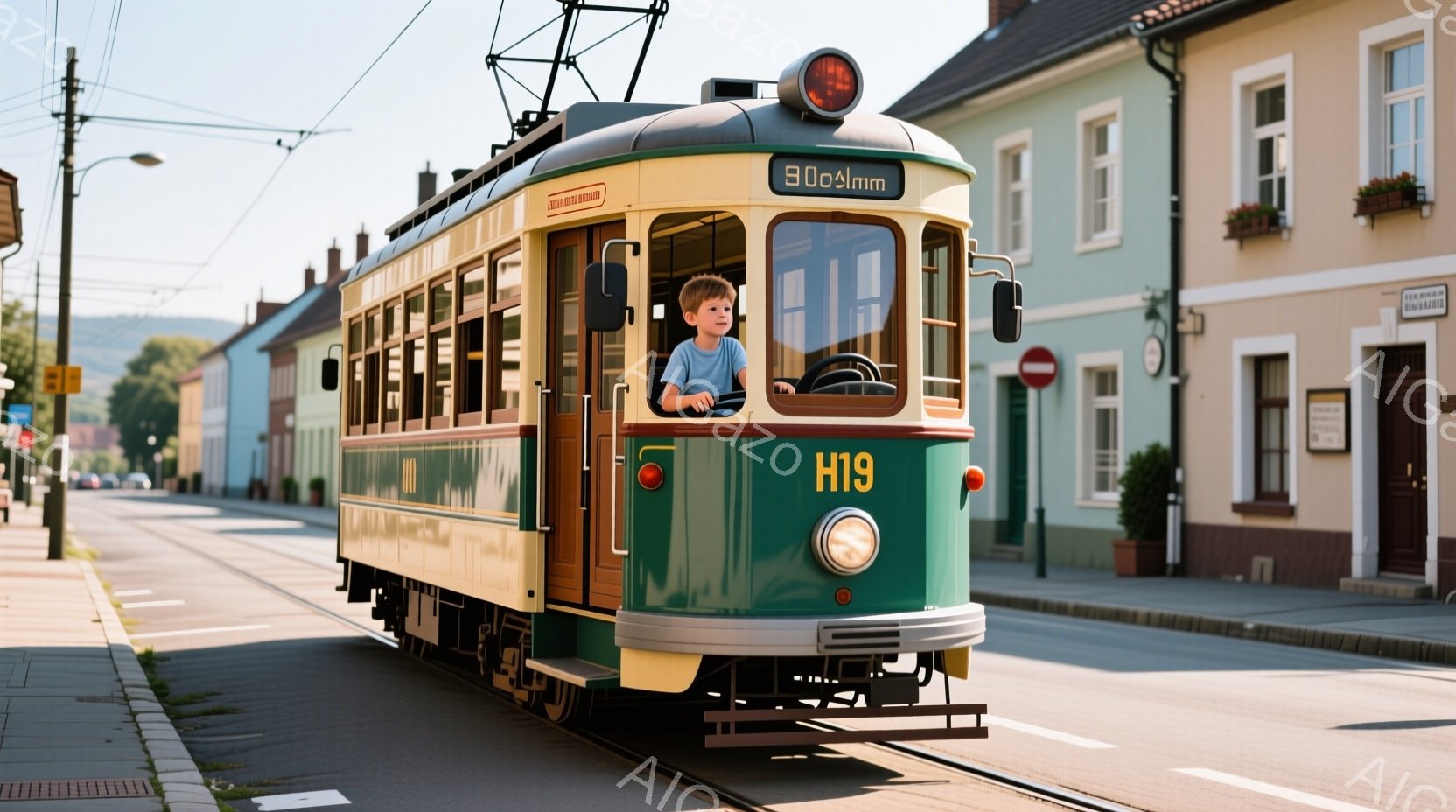 緑とクリーム色のレトロなトラムの運転席に、少年が座っています。少年は青いTシャツを着ており、少し微笑んでおり、未来への希望に満ちた表情をしています。背景には、住宅や木々が見え、晴れた空の下、平和で穏や - AI生成フリー素材