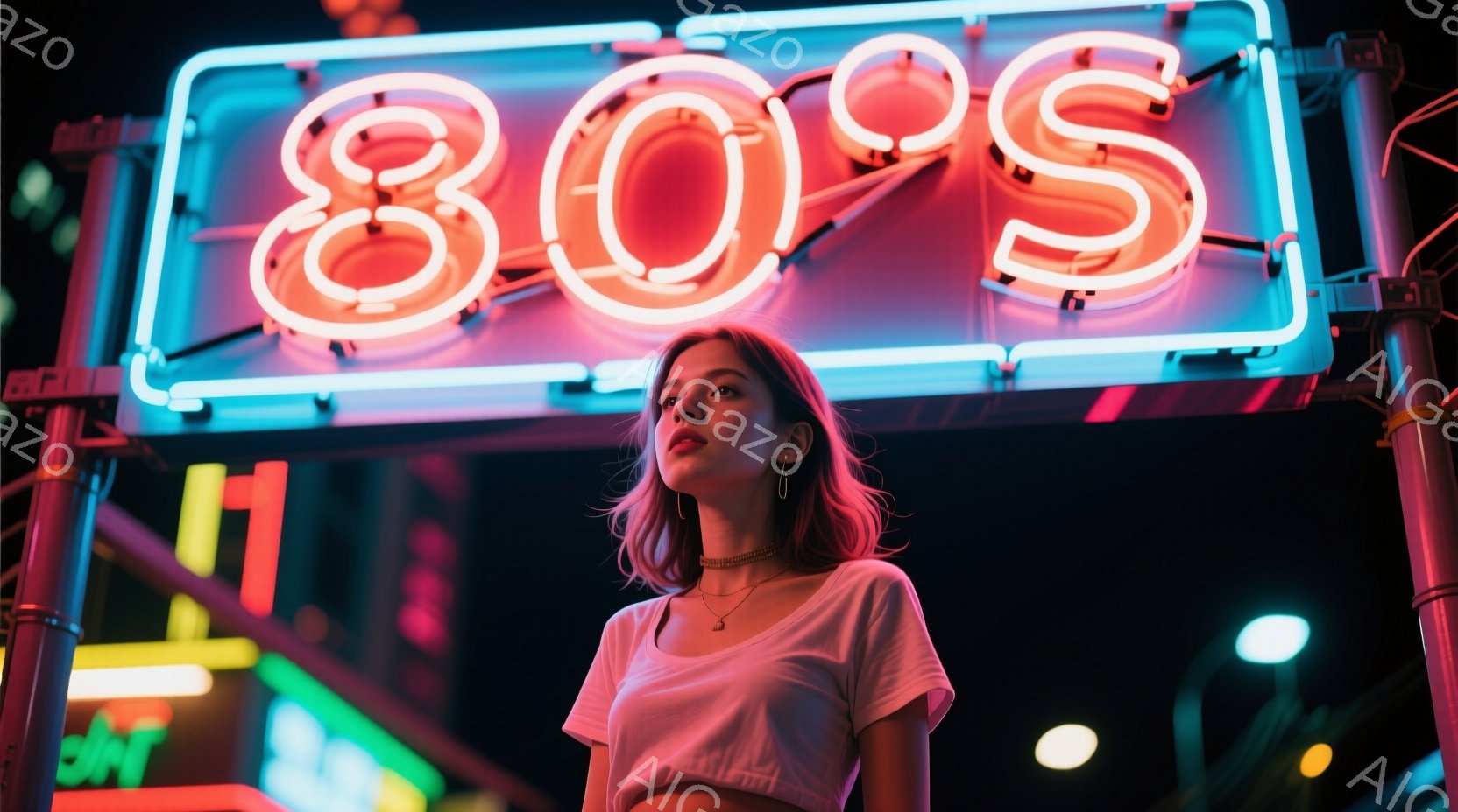 若い女性がネオンサインの「80's」の下に立っている。白いTシャツに少し肌を露出したスタイルで、カールした茶色の髪をしている。彼女は少し上を見上げており、どこか物憂げな表情をしている。