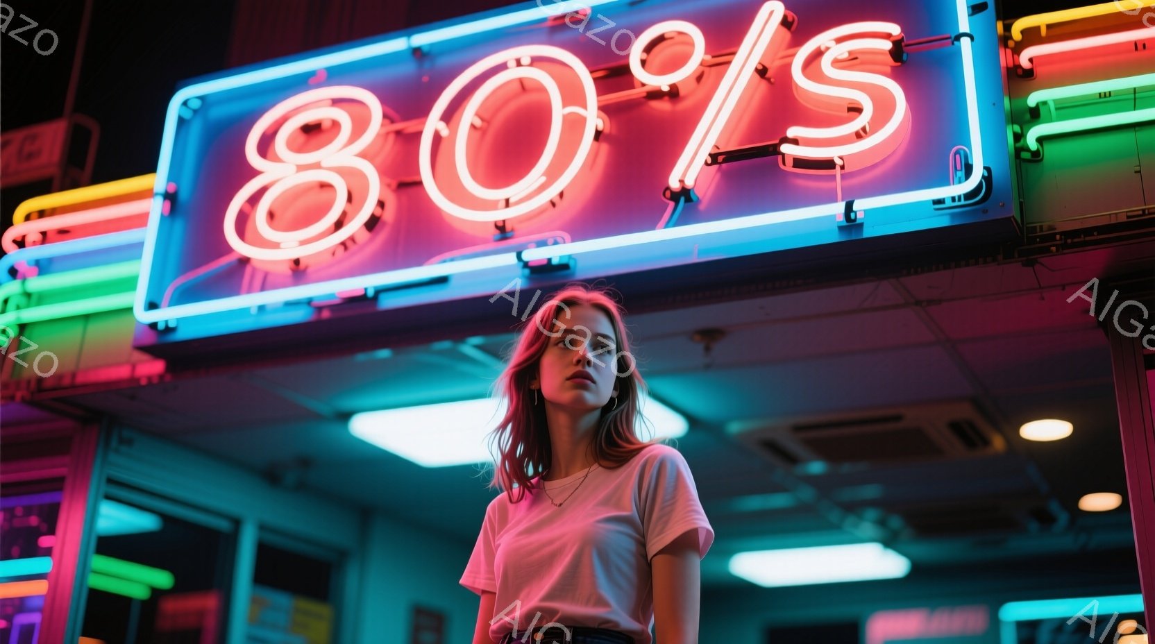 若い女性がネオンサインの下に立っており、白いTシャツを着て、少し上を見ている。彼女は赤い髪をしており、表情は少し憂いを含んでいるように見える。背景には鮮やかなネオンライトが輝き、80年代風の雰囲気を醸し出している。