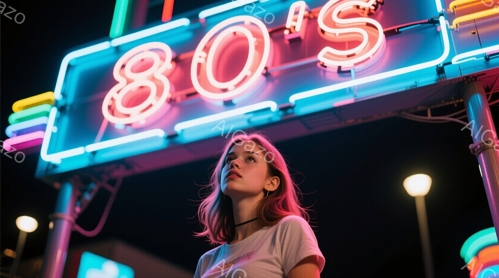 ピンク色の髪を無造作に揺らし、白いTシャツを着た若い女性が、夜空の下、上を見上げています。ネオンサインが「80’s」と光り、レトロな雰囲気を醸し出しており、女性は少し物憂げな表情をしています。背景は暗く、ネオンの光が彼女を照らし、ノスタルジックで少し寂しげな空気感を漂わせています。