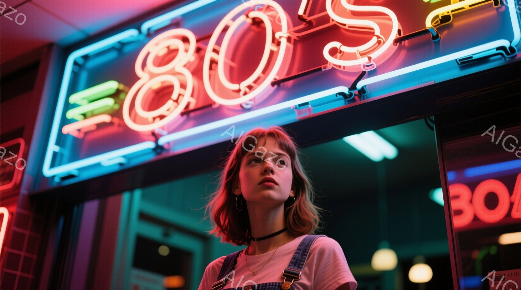 明るい茶髪の巻き毛の女性が、白いTシャツとデニムのオーバーオール姿で立っている。彼女は首にチョーカーをつけ、顔は少し上を見上げ、どこか憂いを帯びた表情をしている。背景にはネオンサインの「80」が光り、夜の街並みを彩っている。