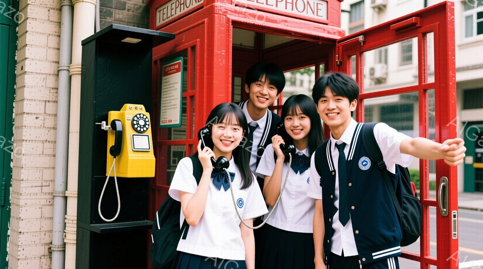 4人の若者が、赤色の電話ボックスの前で笑顔でポーズをとっています。制服を着ており、白いシャツに紺色のスカートまたはズボン、そして紺色のブレザーを着ています。背景には、石造りの建物とわずかな緑が見え、晴 - AI生成フリー素材