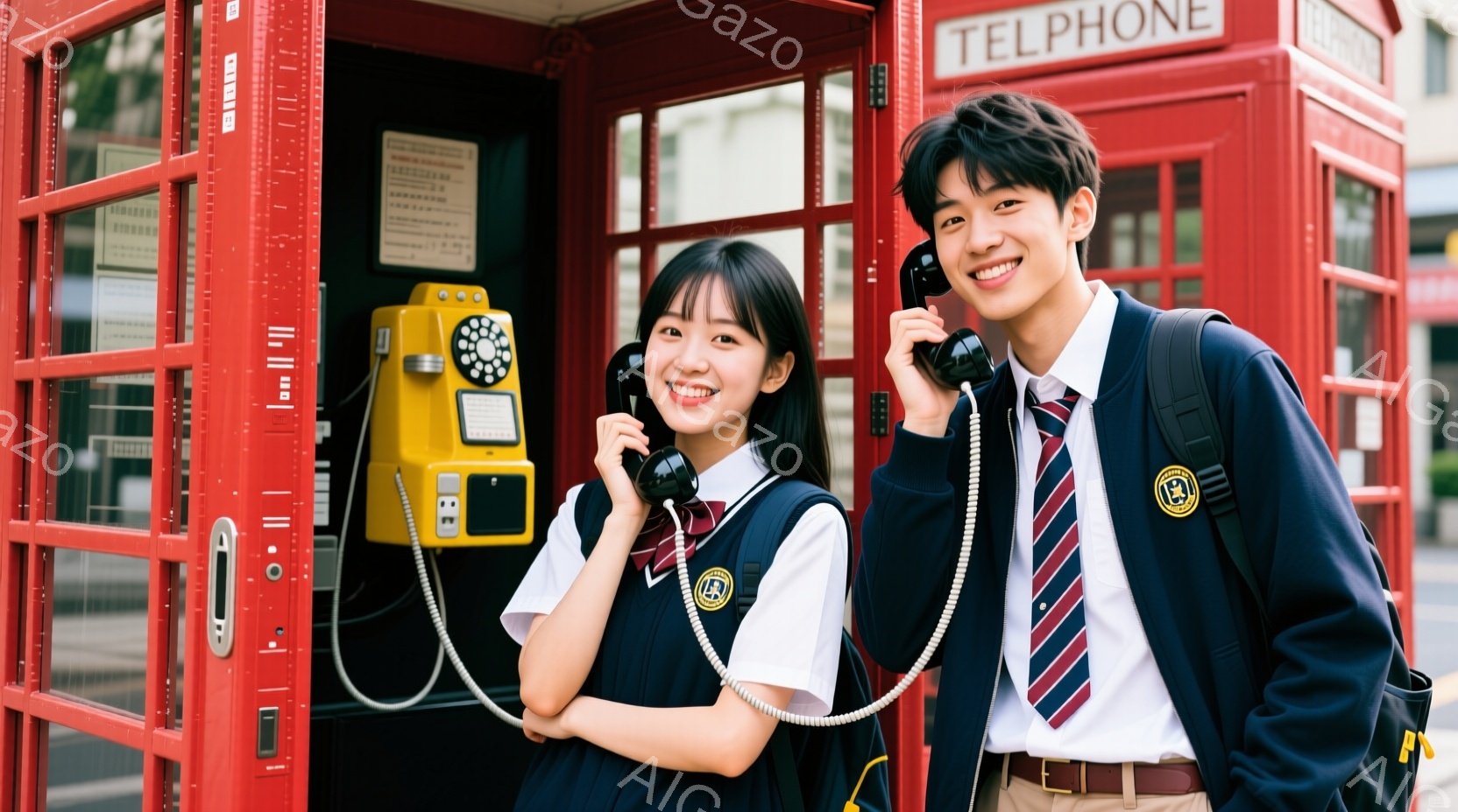 若い男女が赤い電話ボックスの前で微笑んでいます。女性は紺色のブレザーと白いシャツを着ており、長い黒髪をサイドに分けています。男性は同様のブレザーを着て、ネクタイを締め、片手に電話の受話器を持っています。