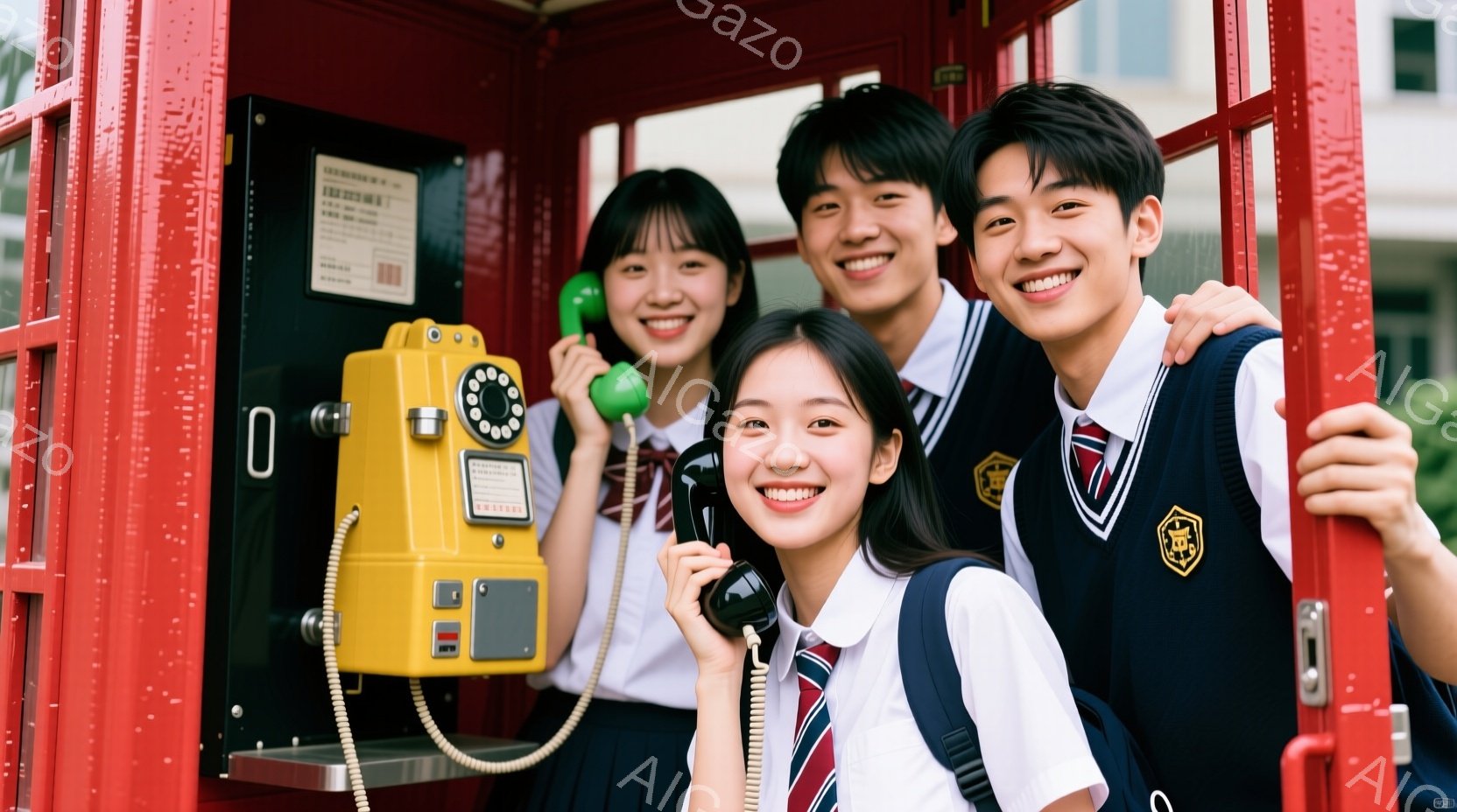 赤い電話ボックスの中で、制服を着た若い男女4人が写っている。彼らは皆笑顔で、特に前の女性は電話の受話器を持って楽しそうにしている。背景はぼやけているが、都市部の風景と明るい天候であることがわかる。