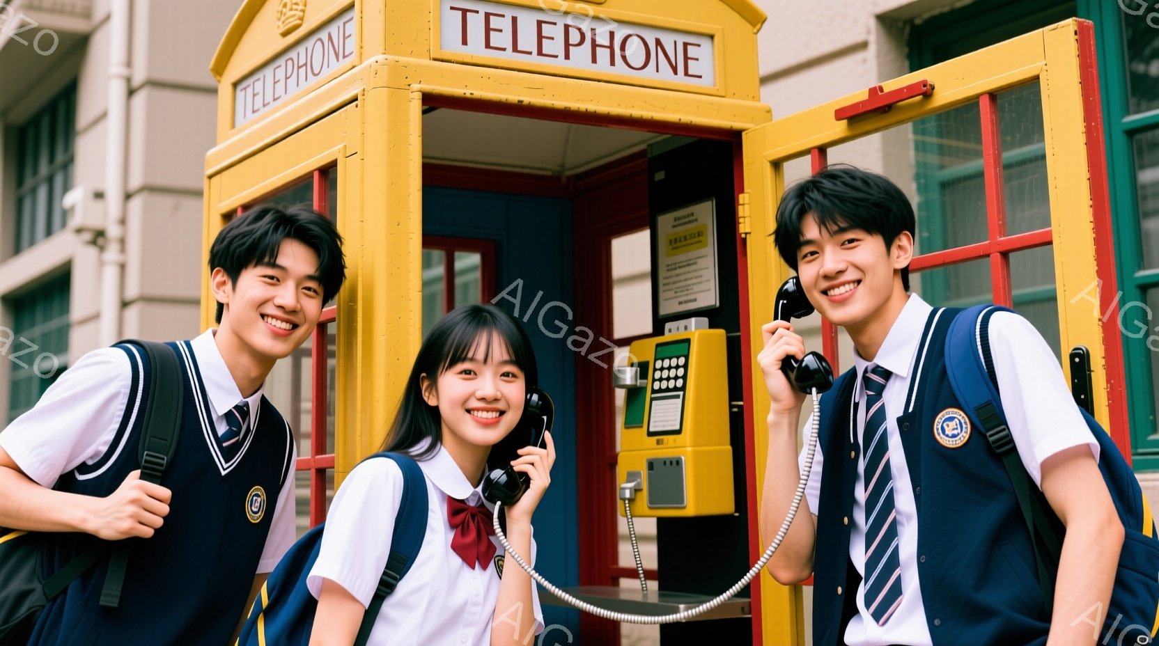 三人の学生が、イギリス風の赤い電話ボックスの前でポーズをとっています。彼らは皆、紺色と白の制服を着ており、リュックサックを背負っています。女性は電話ボックスの電話機を持って笑顔を見せており、他の二人は - AI生成フリー素材