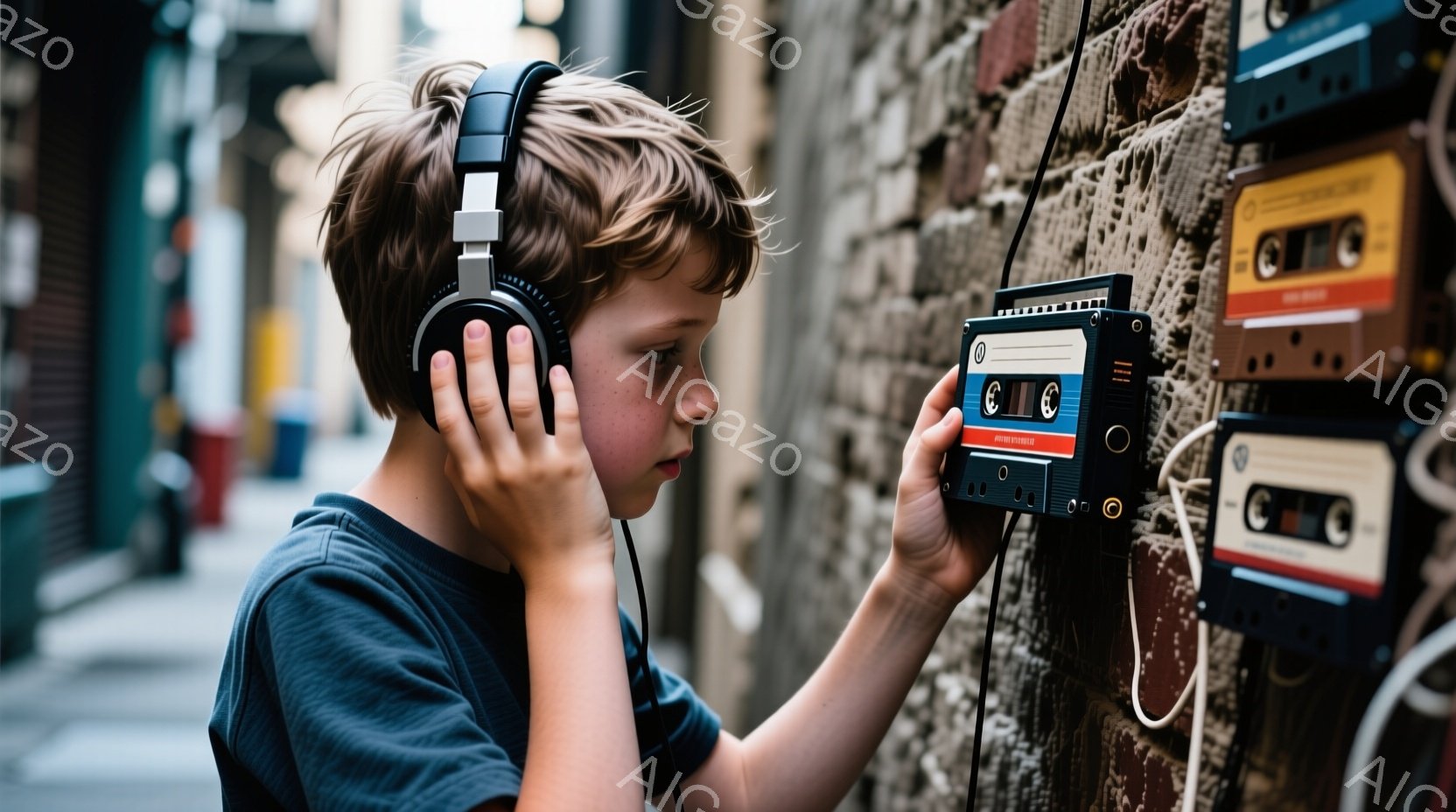 少年はヘッドホンを装着し、懐かしいカセットテープの壁の前で何かを見ている。彼は青いTシャツを着ており、少し無造作な髪型で、集中した表情をしている。背景はレンガ造りの壁で、都市の路地裏のようであり、ノスタルジックで少し物憂げな雰囲気が漂っている。