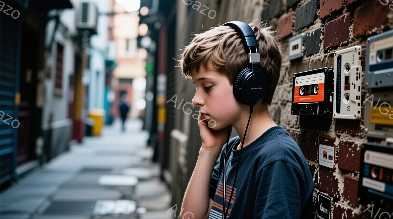 茶色の髪の少年がヘッドホンを装着し、壁に寄りかかっています。少年は縞模様のTシャツを着ており、少し憂いを帯びた表情をしています。背景はレンガ造りの壁で、様々なカセットテープが飾られており、狭い路地が広がっています。