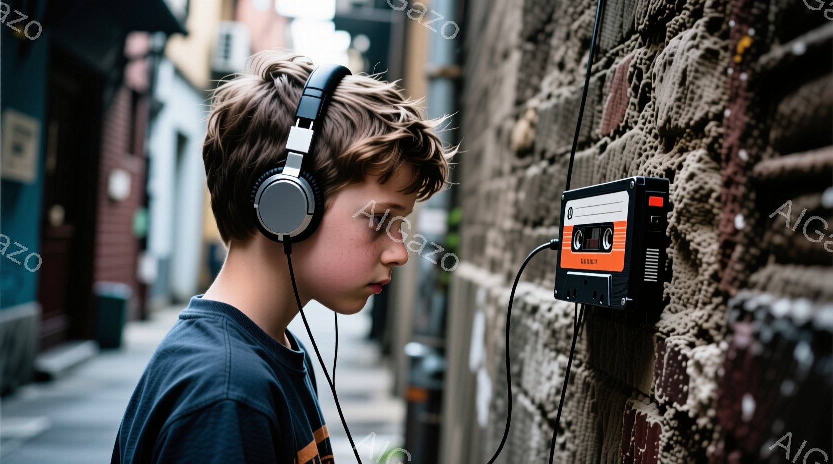 若い少年がヘッドホンを装着し、壁に取り付けられたカセットプレーヤーに注目している。彼は濃い目のブルーのTシャツを着ており、少しカールした茶色の髪をしている。背景は石造りの壁で、路地のような場所で、少し暗く、憂鬱な雰囲気がある。