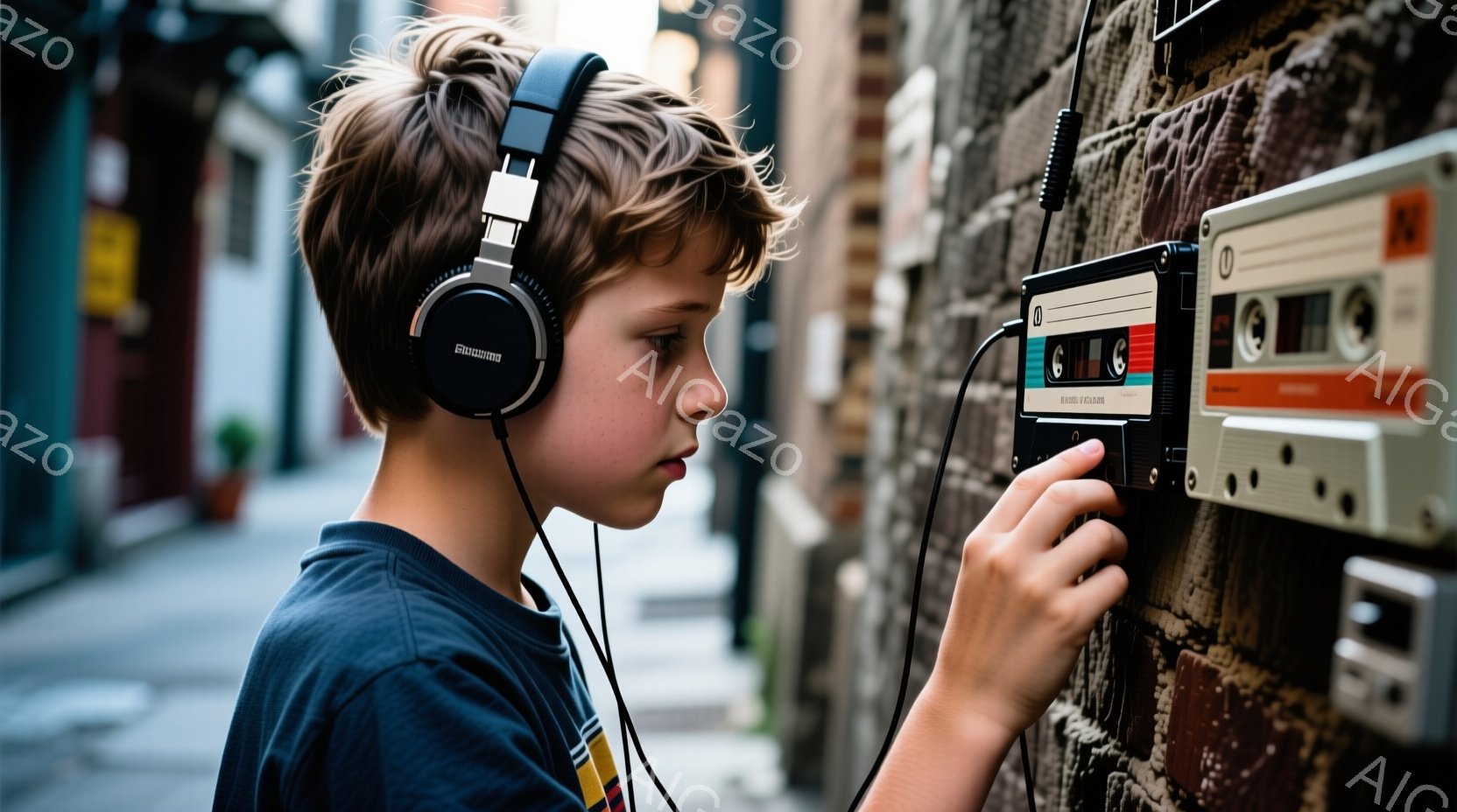 若い少年がヘッドホンをつけて、古びたカセットテープのラジオを操作している。彼は濃い青色のTシャツを着ており、髪は短く、少し無造作にセットされている。背景はレンガ造りの壁で、少し薄暗く、ノスタルジックな雰囲気を醸し出している。