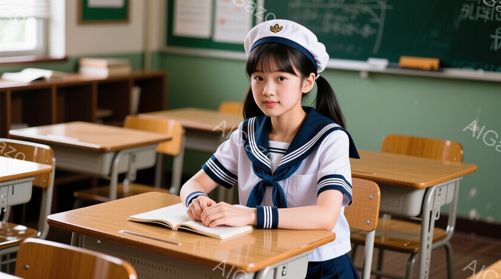 紺色のセーラー服を着た少女が教室で本を開いて座っている。彼女は茶色の髪をポニーテールにし、顔には穏やかな微笑みが浮かんでいる。教室には木製の机と椅子が並び、黒板には文字が書かれており、落ち着いた雰囲気 - AI生成フリー素材