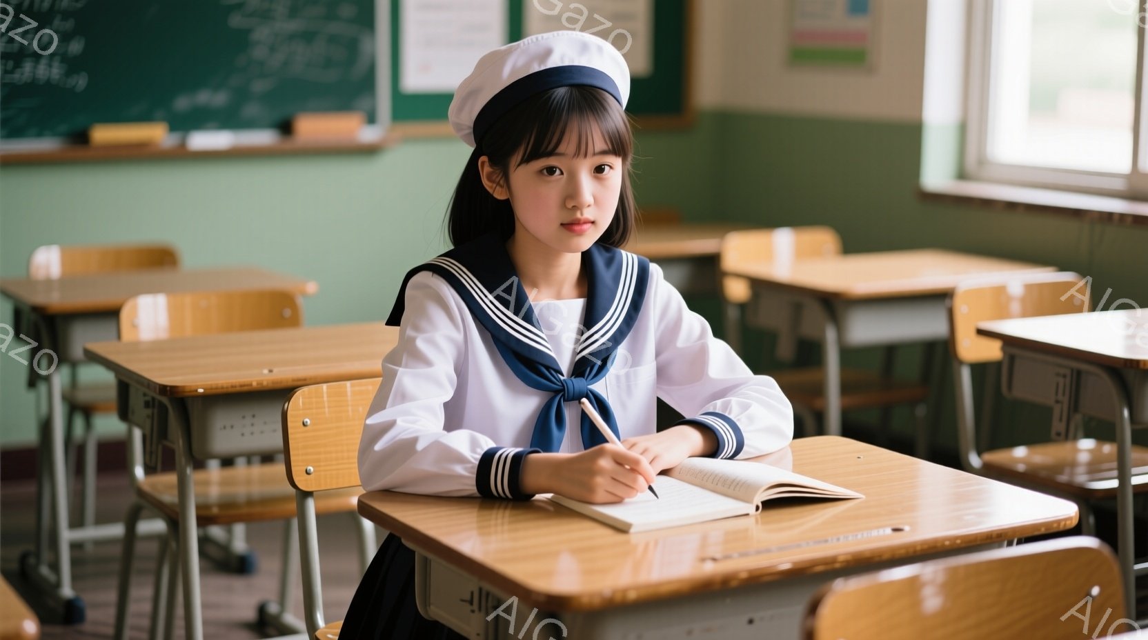 制服を着た少女が教室で机に向かっている。彼女はセーラー服に、白い帽子をかぶり、真剣な表情でノートに何かを書き込んでいる。背景には木製の机と椅子が並び、壁には黒板があり、穏やかで落ち着いた雰囲気の教室である。