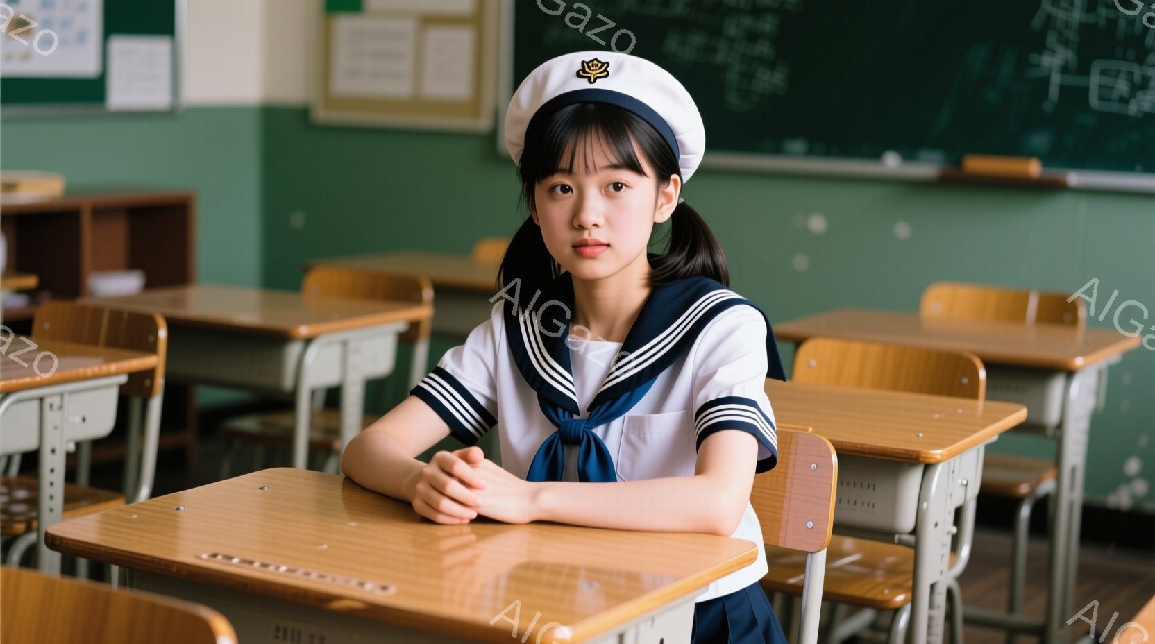 制服を着た少女が教室で机に座っています。彼女は紺色のセーラー服に、白い帽子を被り、髪をハーフアップにしています。表情はやや真剣で、両手を机の上に添えて、正面を見つめています。