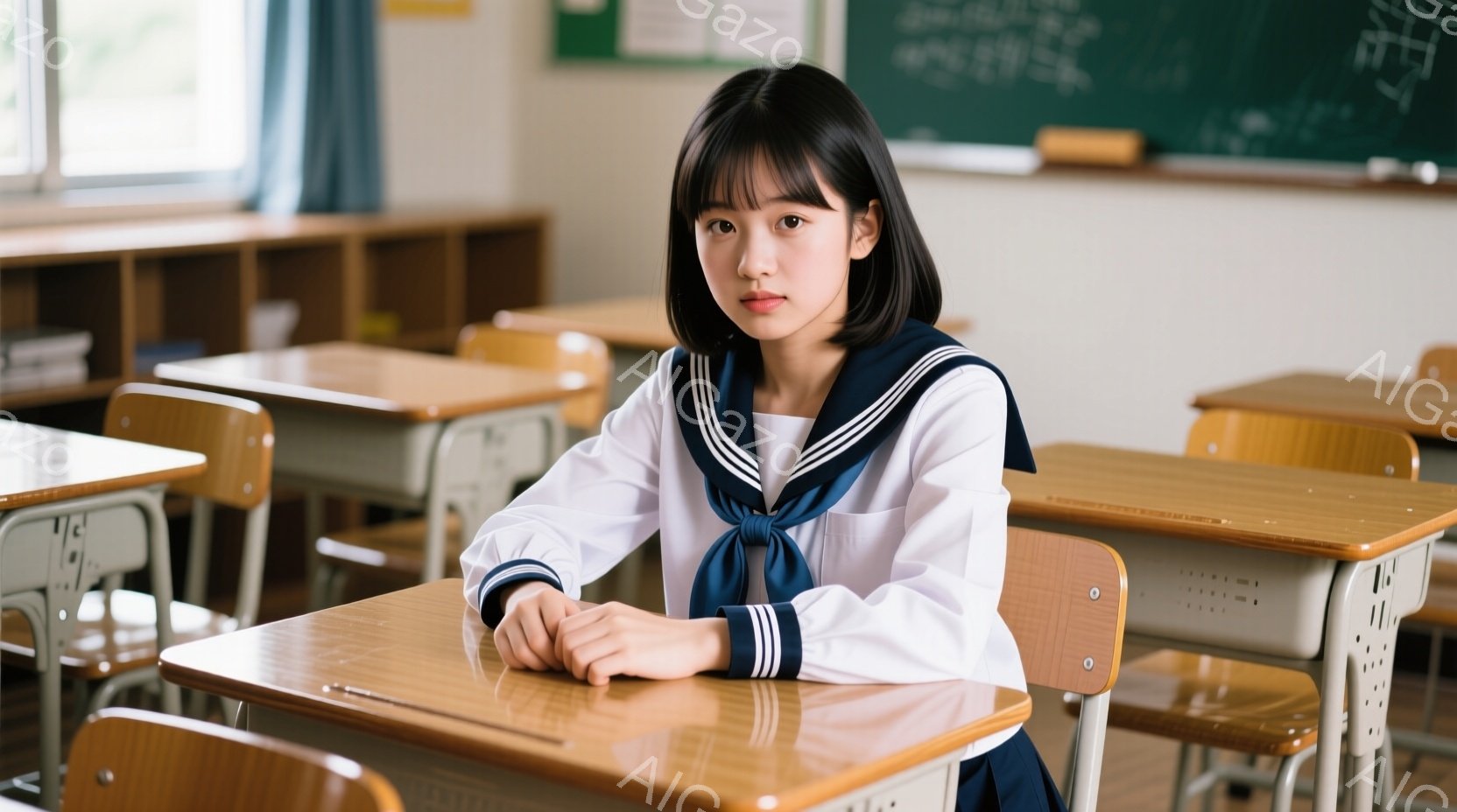 茶髪のショートヘアの女子学生が教室で机に肘をついて座っています。紺色のリボンとパイピングが特徴の白いセーラー服を着ており、落ち着いた表情で正面を見ています。教室には木製の机と椅子が整然と並べられ、背景には黒板が見えます。