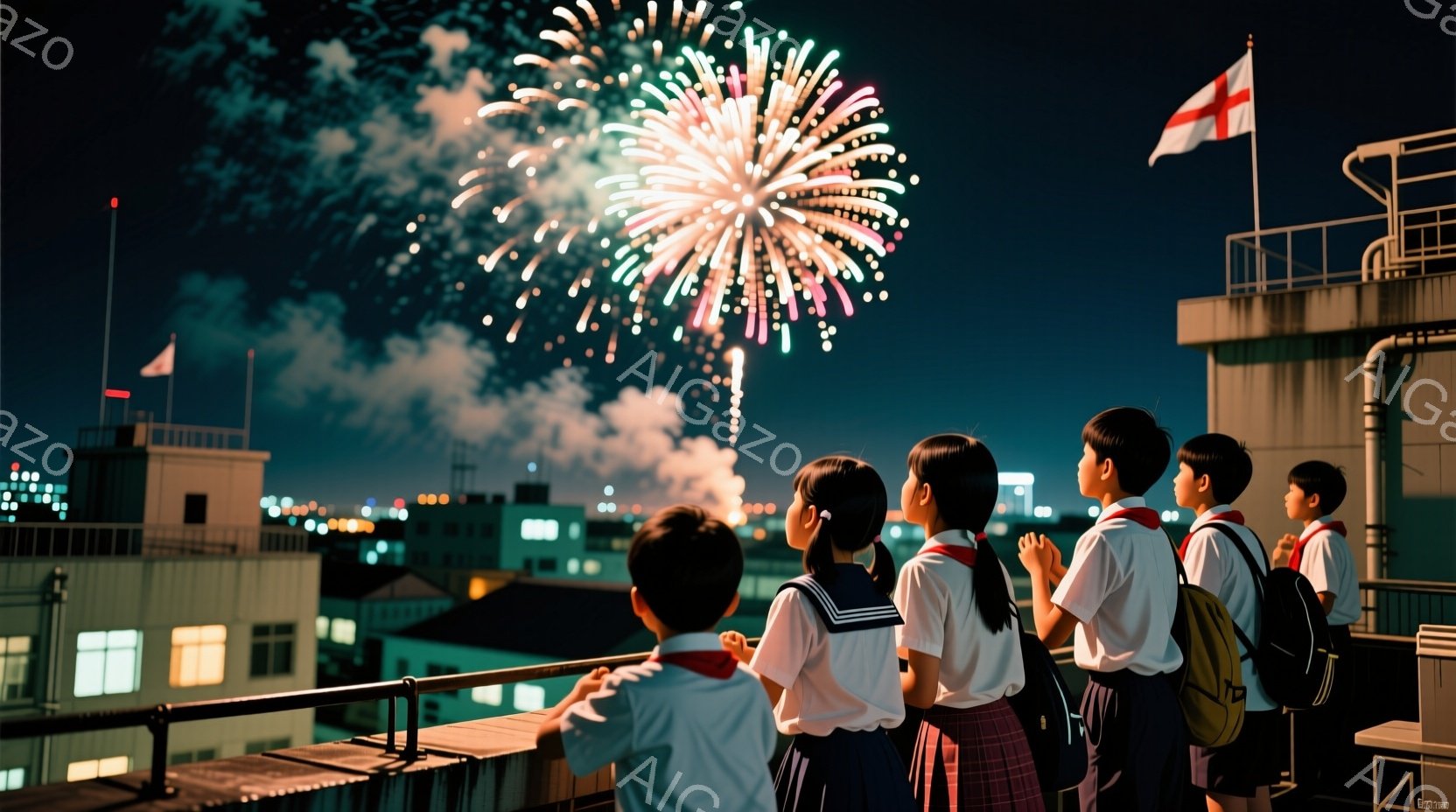 屋上から花火を見る制服姿の子供たちが描かれています。彼らは皆、黒髪で、花火を見上げる姿勢で、興奮や喜びを表現しているようです。背景には、夜景が広がる都市の建物や、花火が打ち上げられる暗い空が広がってお - AI生成フリー素材