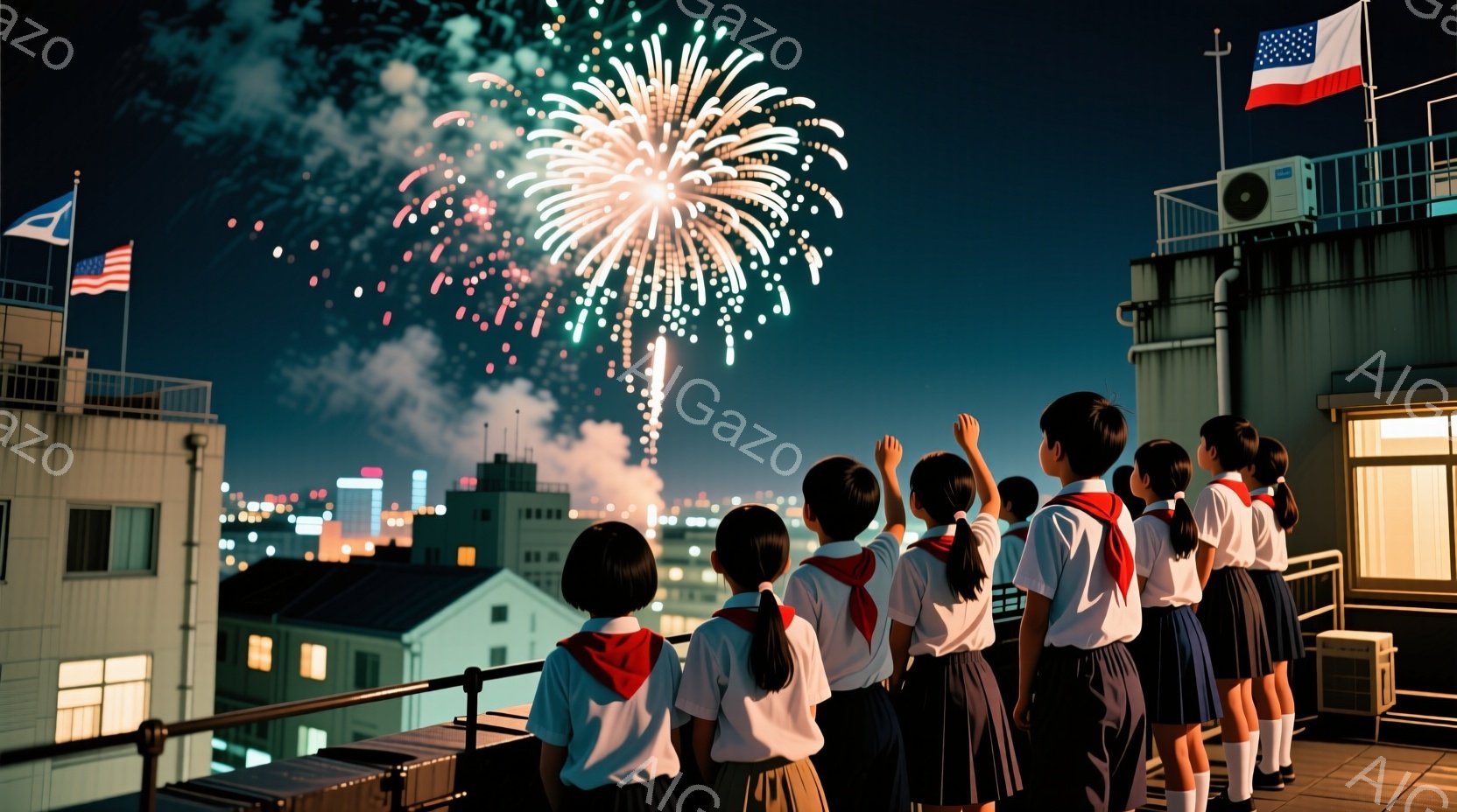 制服を着た生徒たちが屋上に並び、夜空に咲く花火を見上げている。生徒たちは紺色のスカートと白いシャツを着ており、赤いネクタイまたはリボンを締めている。背景には、夜景が広がる都市の建物群があり、花火が夜空 - AI生成フリー素材