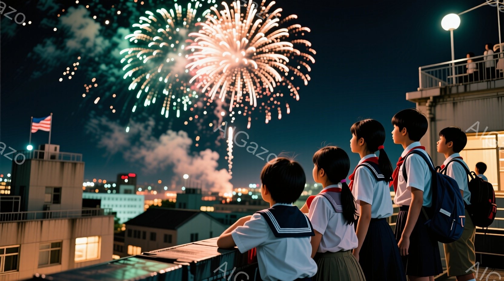 制服を着た小学生数人が屋上の柵にもたれかかり、夜空に咲く花火を見上げています。彼らは皆、紺色のブレザーに黄色いスカートまたはズボン、赤いネクタイを締め、背中にランドセルを背負っています。背景には、夜景が広がり、光り輝く建物が連なり、花火の光が夜空を彩る、お祭りやイベントの活気を感じさせる様子です。