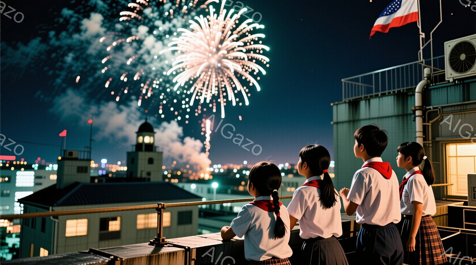 制服を着た三人の子供たちが、屋上の柵にもたれて花火を見上げています。黒髪で、赤いリボンを付けた女の子と、短髪の男の子がいます。背景には、夜景が広がる街並みと、打ち上げられる花火が夜空を彩り、どこか懐かしい夏の夜の雰囲気が漂っています。