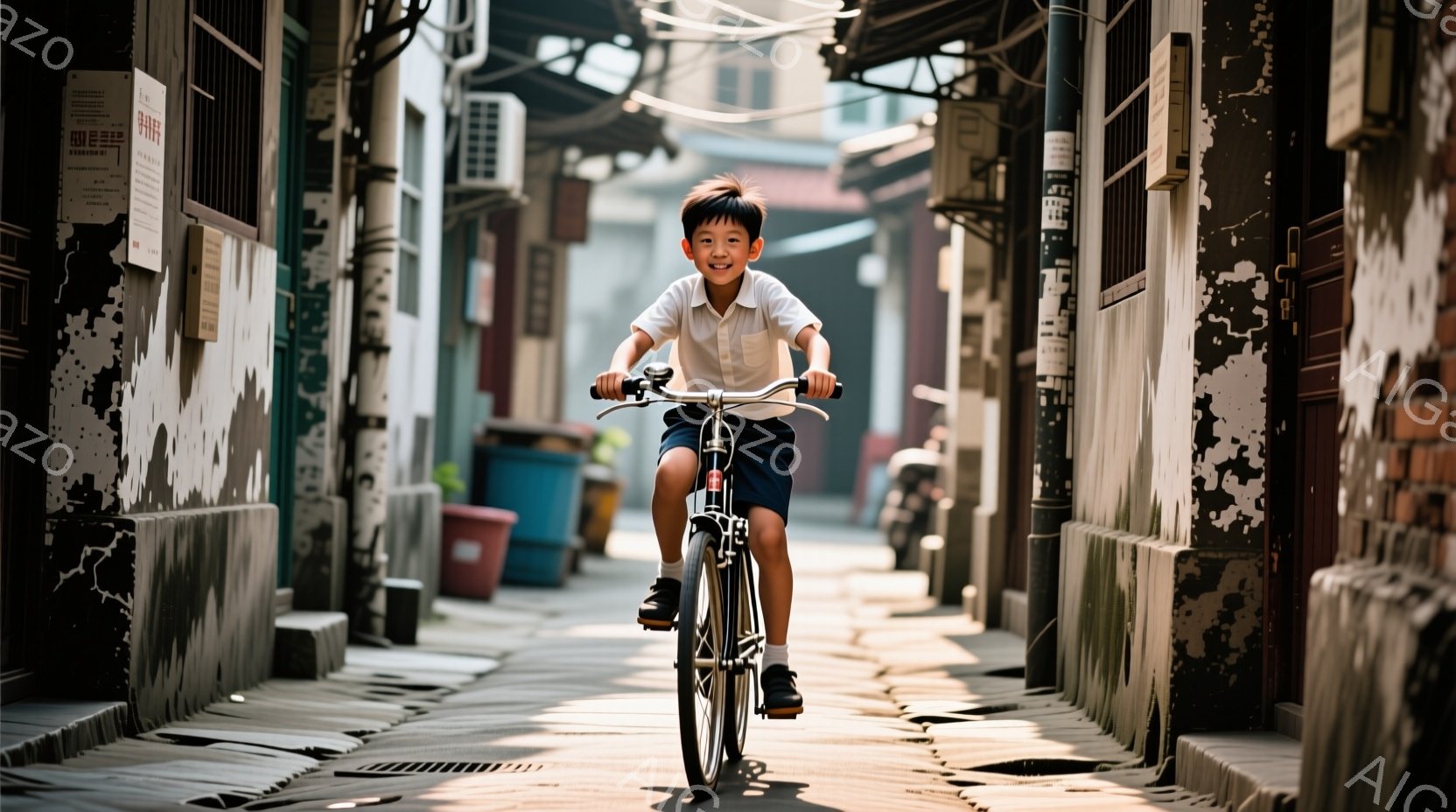 男の子が狭い路地で自転車に乗っている。白いシャツと紺色の短パン姿で、少し笑顔を浮かべ、楽しそうに前を見ている。路地は古い建物が両側に並び、日差しが差し込んで影が路面に伸びている、どこか懐かしい雰囲気だ。