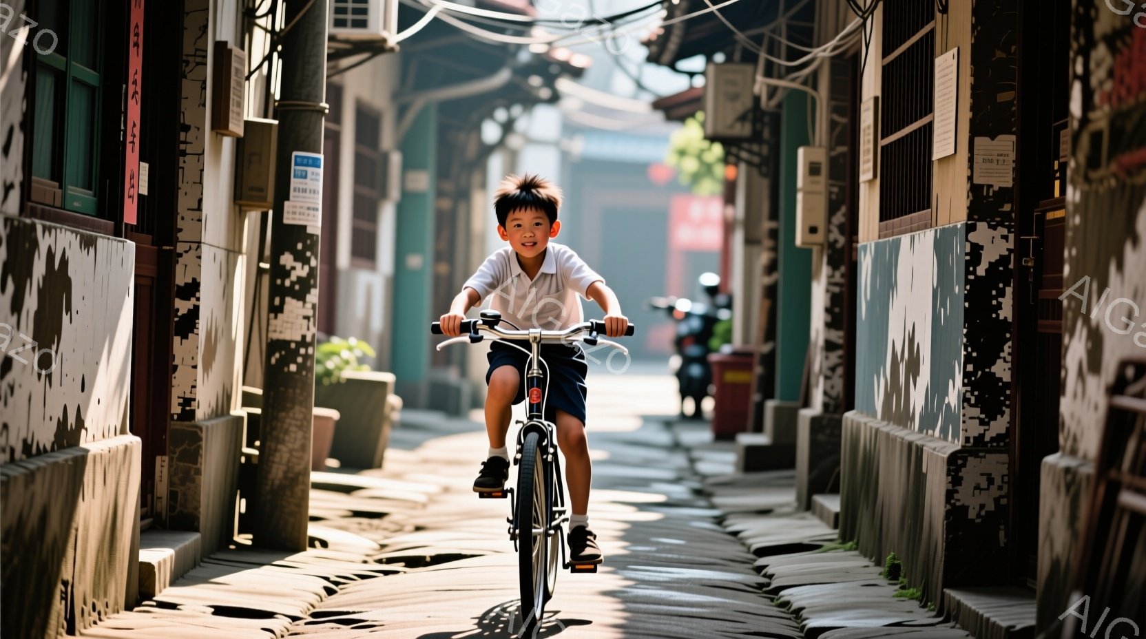 少年は、狭い路地で自転車に乗っている。白シャツに黒のズボンを着用し、短くカットされた髪型で、前を向いて少し微笑んでいる。周囲は古びた建物が立ち並び、日差しが路地を照らし、少しノスタルジックで温かい雰囲 - AI生成フリー素材