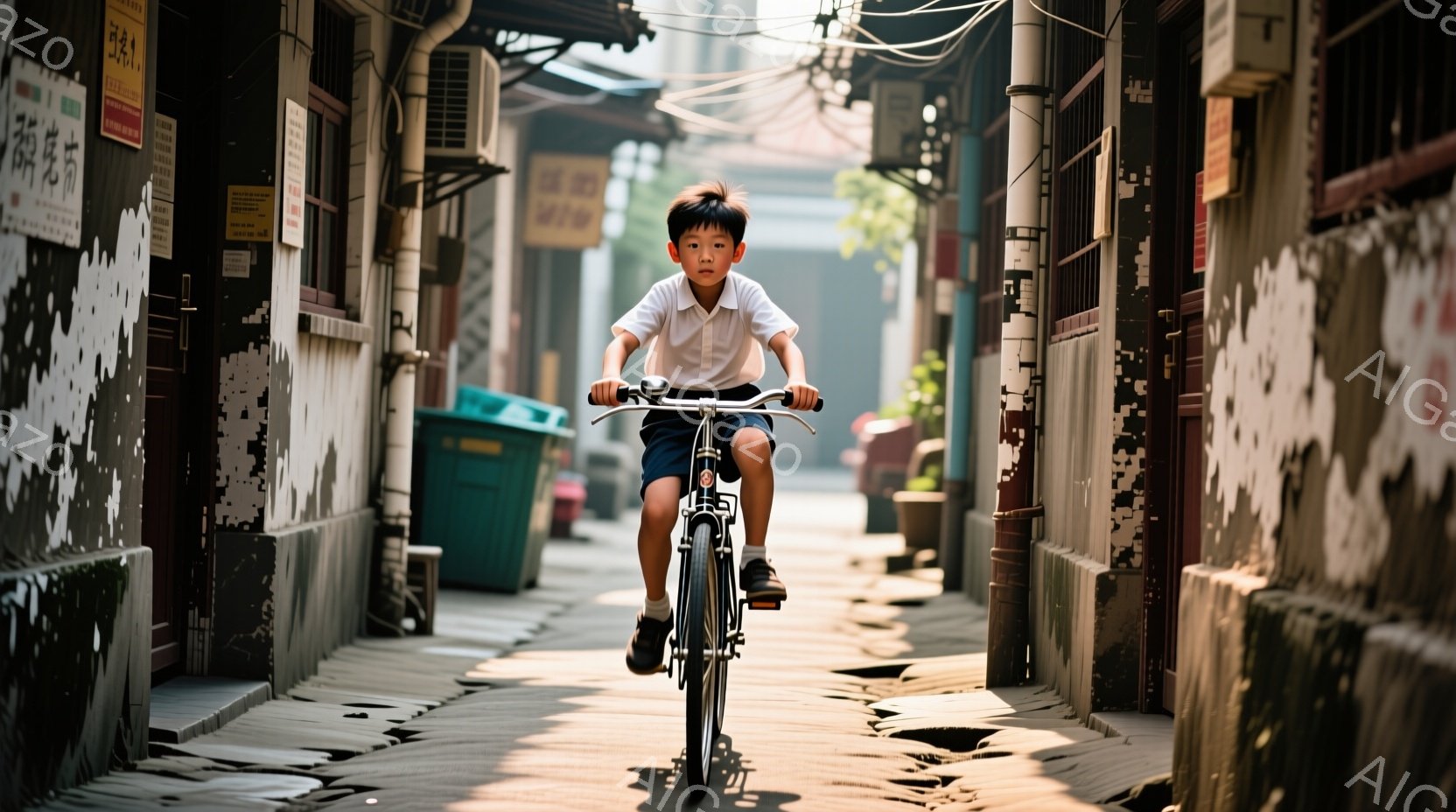 少年は、狭い路地で自転車を運転している。白いシャツと短パンを着ており、短髪で、まっすぐに前を見据えている表情は真剣だ。路地は古い建物に囲まれ、コンクリートの道はひび割れており、全体的に少し埃っぽく、ノスタルジックな雰囲気を醸し出している。
