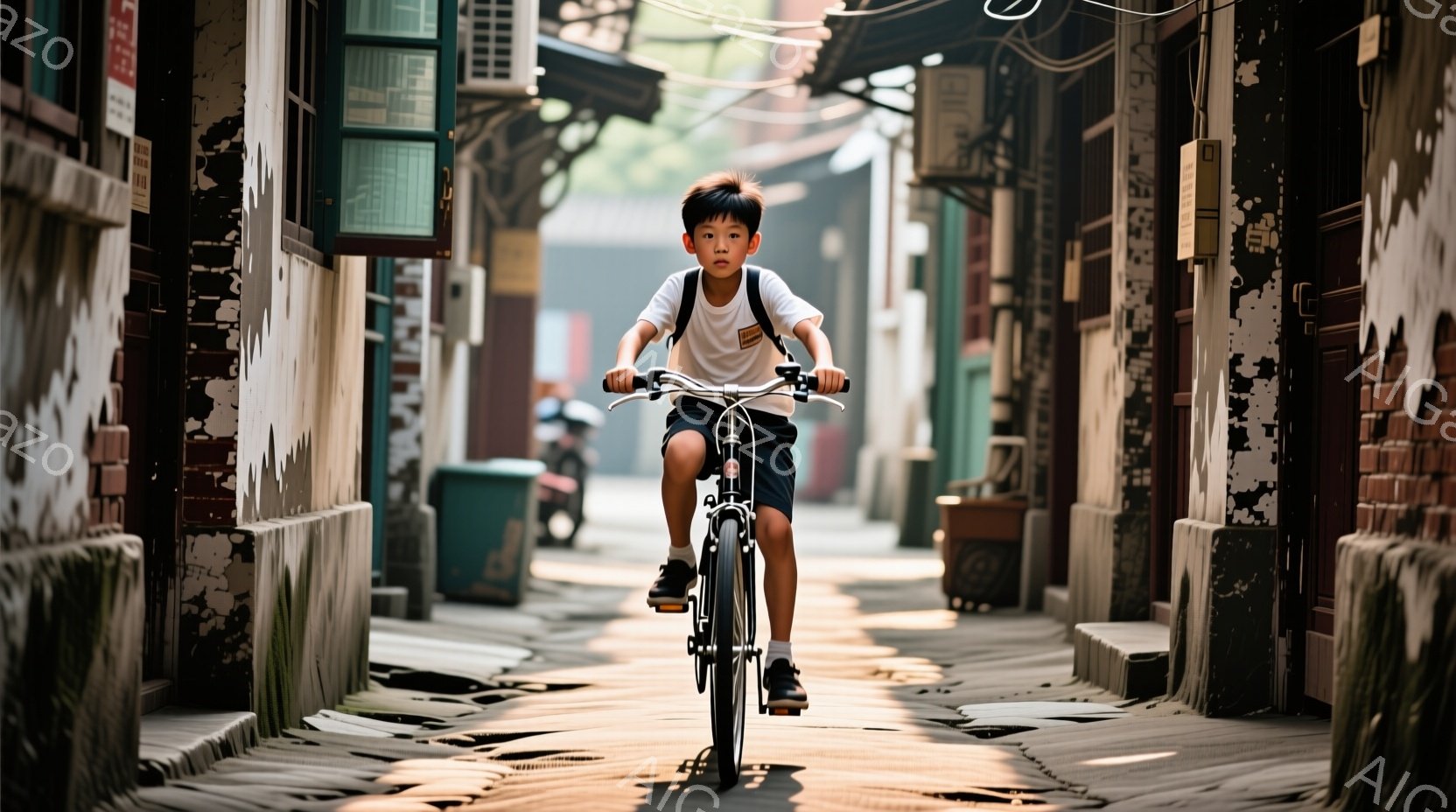 この少年は、古びた路地で自転車に乗っている。黒いショートパンツと白いシャツを着ており、顔は真剣な表情で、前を見据えている。路地はレンガ造りの建物が両側に立ち並び、影が強く落ちており、少し埃っぽい雰囲気 - AI生成フリー素材