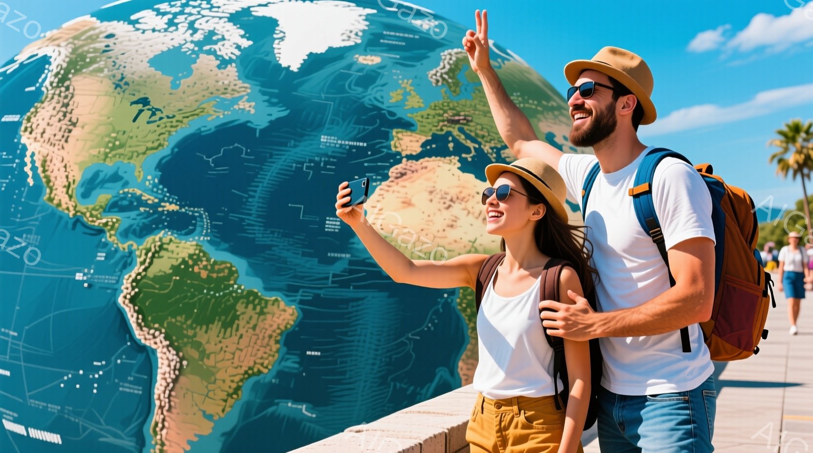 若い女性と男性が世界地図を背景に自撮り写真をとっています。女性は茶色の帽子とタンクトップ、ベージュ色のショートパンツ姿で、男性は白いTシャツとジーンズ、リュックサックを背負っています。背景には青空と緑の木々が見え、晴れた日の観光地の活気ある雰囲気が伝わってきます。