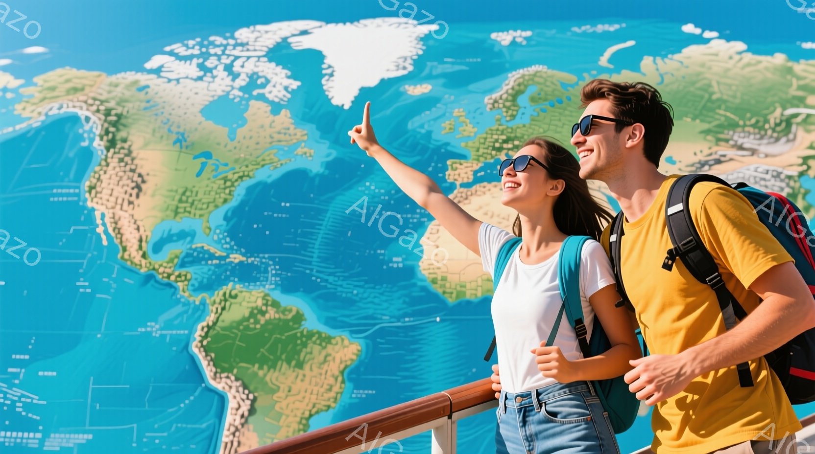 若い男女が世界の地図の前で立っており、女性は指を伸ばして地図のどこかを示している。彼らは共にサングラスをかけ、カジュアルな服装で、黄色いTシャツとジーンズを着用し、リュックサックを背負っている。背景には世界地図が広がり、明るい日差しと青空が、冒険心と希望に満ちた雰囲気を演出している。