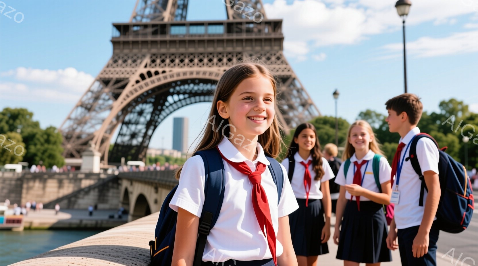 少女がカメラに向かって微笑んでおり、白いブラウス、ネイビーのスカート、赤いネクタイとスカーフを締めています。彼女の背後には、同じ制服を着た他の子供たちが歩いており、パリの象徴的なエッフェル塔とセーヌ川が背景に広がっています。晴れた空と穏やかな水面が、子供たちの楽しい旅の雰囲気を高めています。