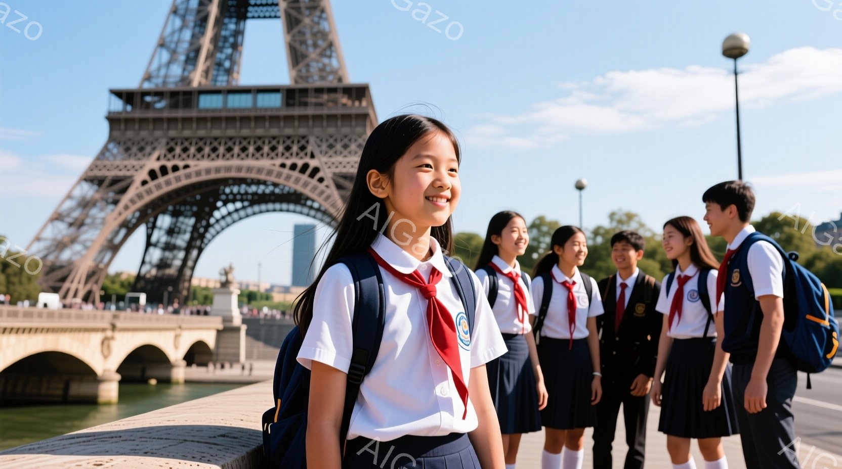 エッフェル塔を背景に、制服を着た女子高生たちが並んでいる。紺色のスカートと白のブラウス、赤いネクタイを着用し、リュックサックを背負っている。彼女たちは笑顔で、明るい日差しの中、観光を楽しんでいる様子がうかがえる。