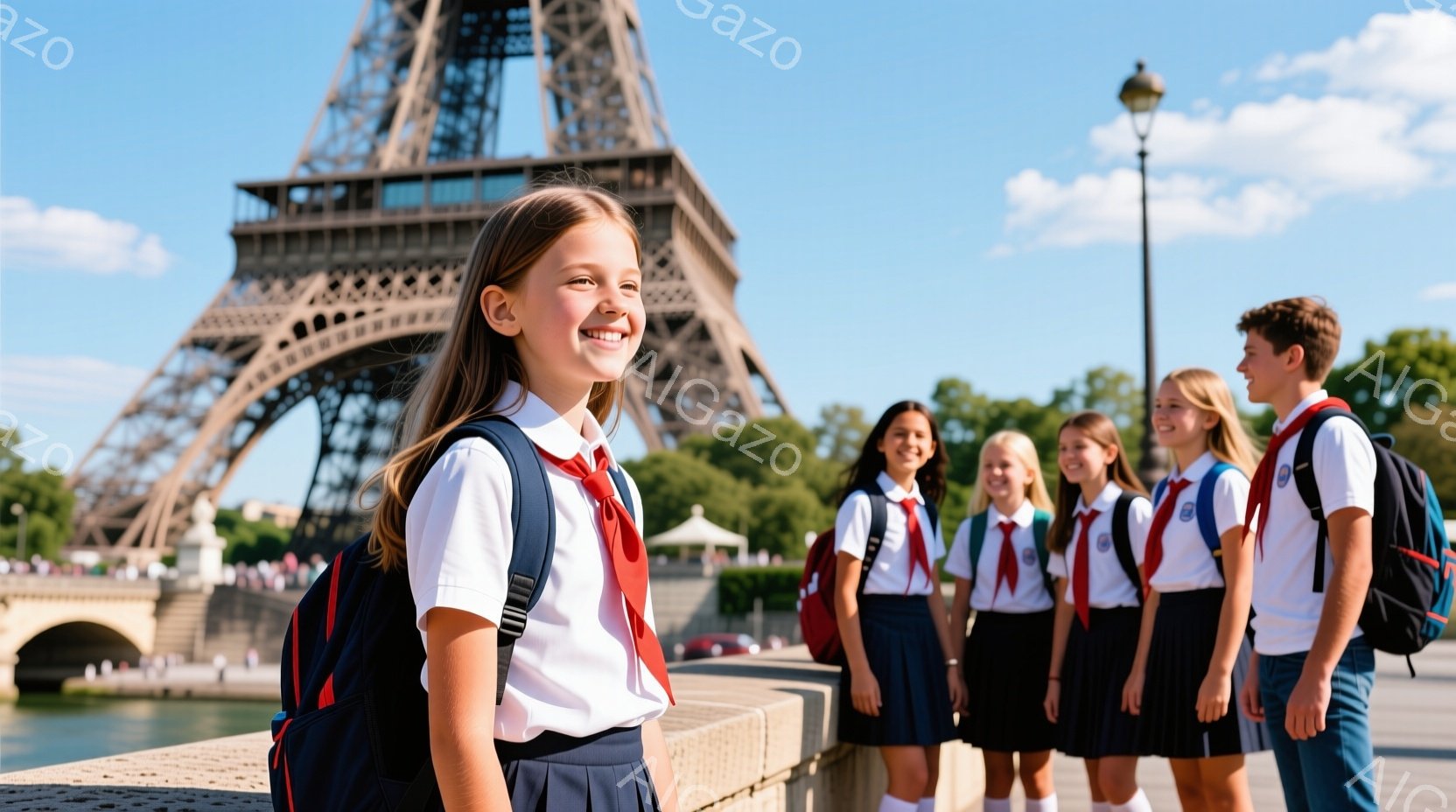 パリのセーヌ川沿いに、制服を着た子供たちのグループが写っている。女の子たちは白いシャツに赤いネクタイ、濃い青色のスカート、白い靴下を履いており、リュックサックを背負っている。背景にはエッフェル塔がそびえ立ち、晴天の下、明るく開放的な雰囲気が漂っている。