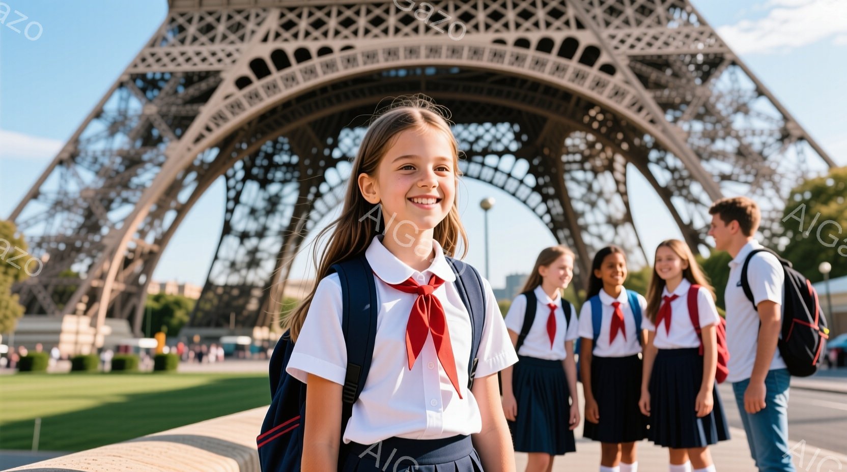 エッフェル塔を背景に、制服を着た少女が写っている。彼女は明るい笑顔でカメラを見つめ、肩にリュックサックをかけている。背景には、同じ制服を着た他の生徒たちが並んでおり、晴れた空と緑豊かな公園が広がり、活 - AI生成フリー素材