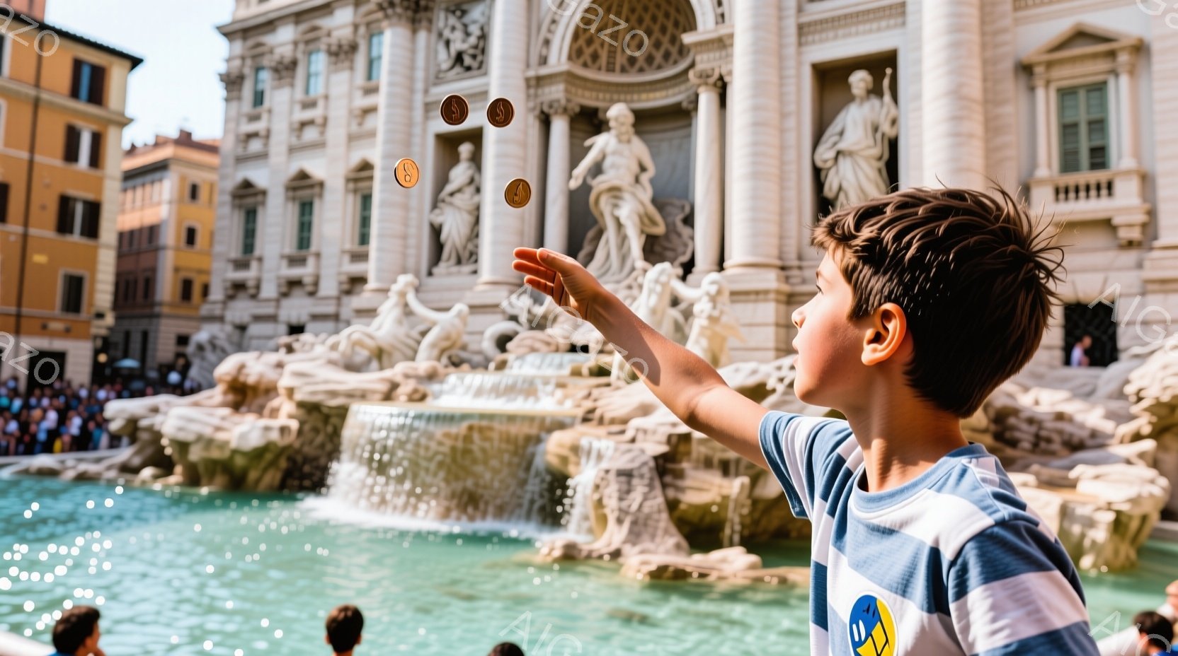 少年がフォンテ・ディ・トレヴィに硬貨を投げ入れています。彼は青と白の縞模様のシャツを着ており、髪は短く、興奮した表情で片手を伸ばしています。背景には壮大なバロック様式の噴水と彫刻があり、多くの人々が訪れており、晴れた日の賑やかな観光地の雰囲気が伝わってきます。