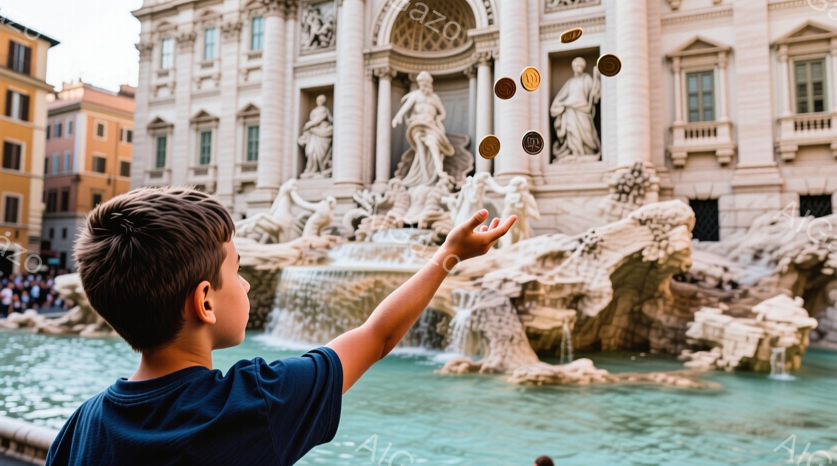 少年は青いTシャツを着て、トレヴィの泉にコインを投げ入れています。彼の髪は短く、背中が見えることから、多くの人がいる賑やかな場所であることがわかります。背景には壮大なバロック様式の建造物と、青々とした水が流れ落ちる泉があり、明るい日差しが差し込み、観光客で賑わっている様子が伝わってきます。