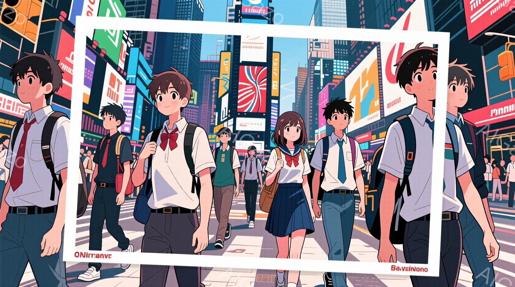制服を着た学生たちが賑やかな街路を歩いている様子が描かれています。男子生徒は白いシャツにズボン、女子生徒はセーラー服を着ており、皆リュックサックを背負っています。背景には高層ビルが立ち並び、多くの広告が点滅しており、活気のある都会の雰囲気が伝わってきます。