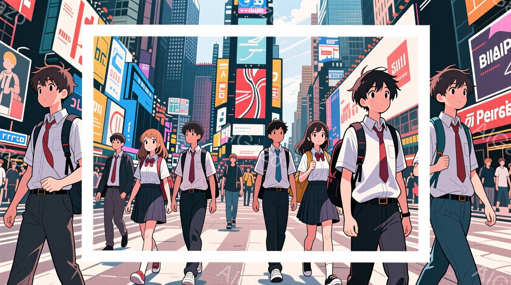 制服姿の男子高校生と女子高校生が、賑やかな街の横断歩道を歩いている。男子は黒髪で、女子は茶髪のロングヘア、制服姿で、真剣な表情で前を見つめている。背景には高層ビル群と広告が並び、活気のある都会の風景が広がっている。
