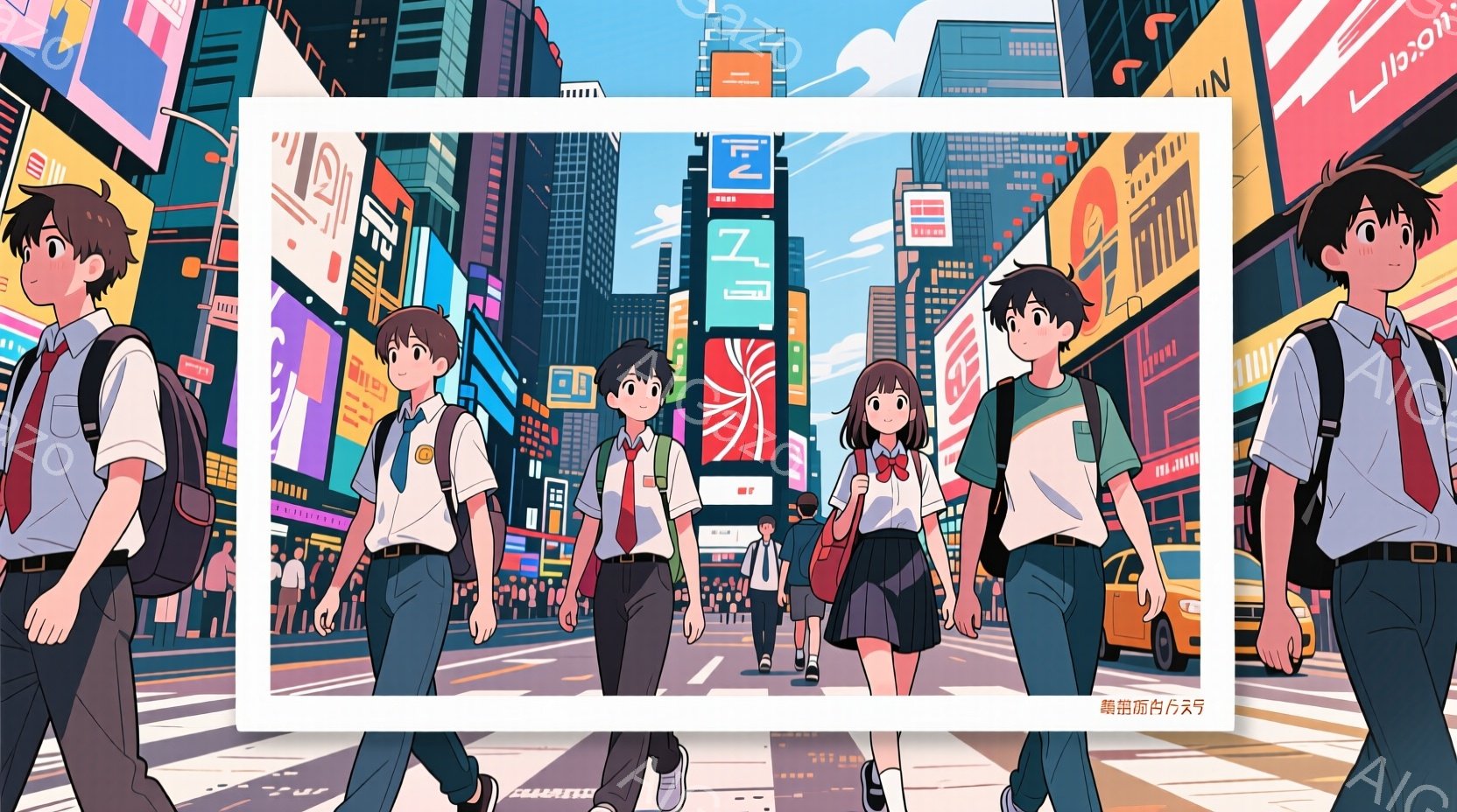 制服を着た高校生たちが、賑やかな都市の通りを歩いている様子が描かれている。彼らは皆、リュックサックを背負い、前を向いて歩いており、表情ははっきりとは見えないが、活気に満ちた雰囲気が伝わってくる。背景には高層ビル群が立ち並び、色彩豊かでモダンな都市景観が広がっている。