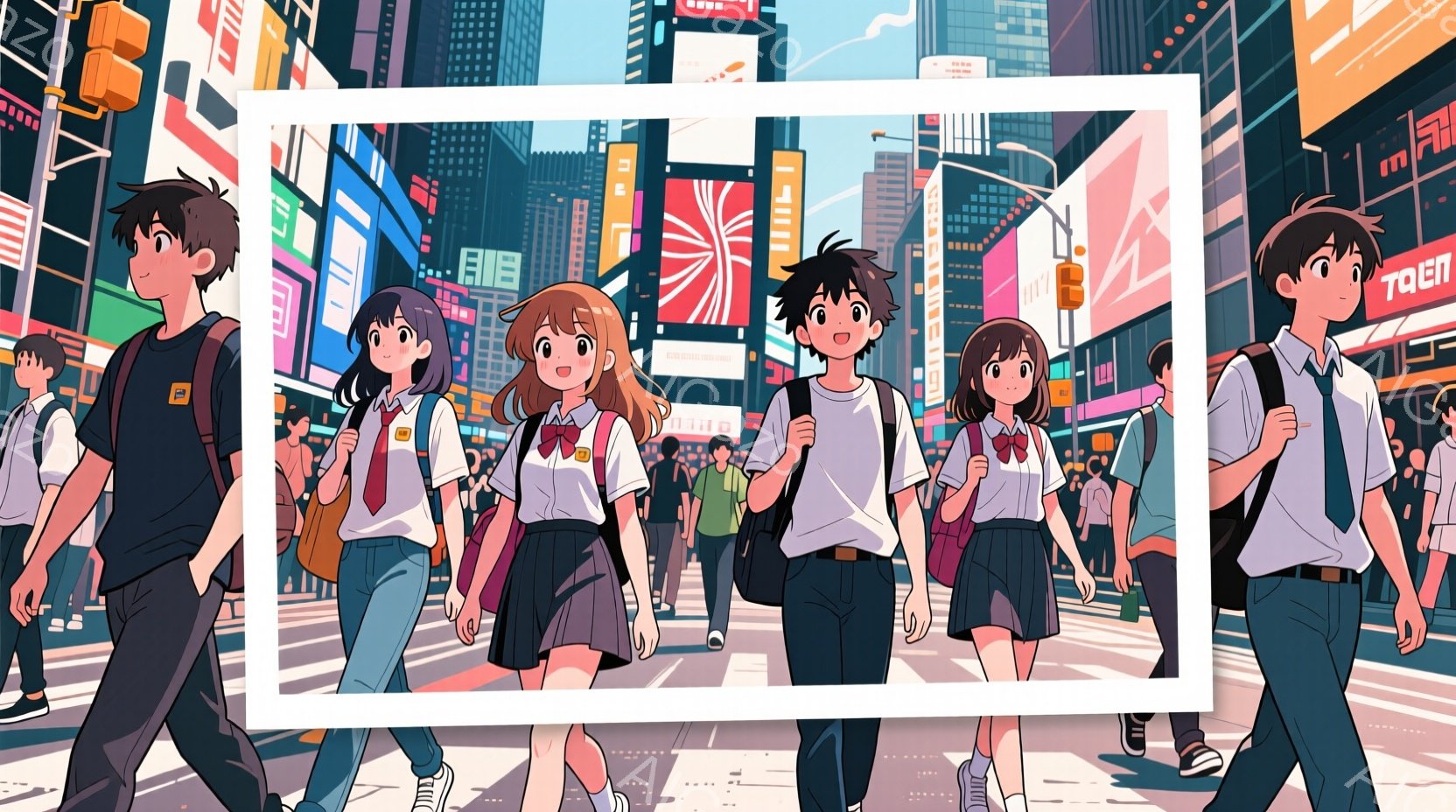 制服を着た高校生たちが、賑やかな街の交差点を行き交っている様子が描かれています。男子生徒は黒髪で、女子生徒たちは茶髪または黒髪のロングヘアで、皆、リュックサックを背負っています。背景には高層ビルが立ち並び、ネオンサインが輝き、活気にあふれた都会の雰囲気を醸し出しています。
