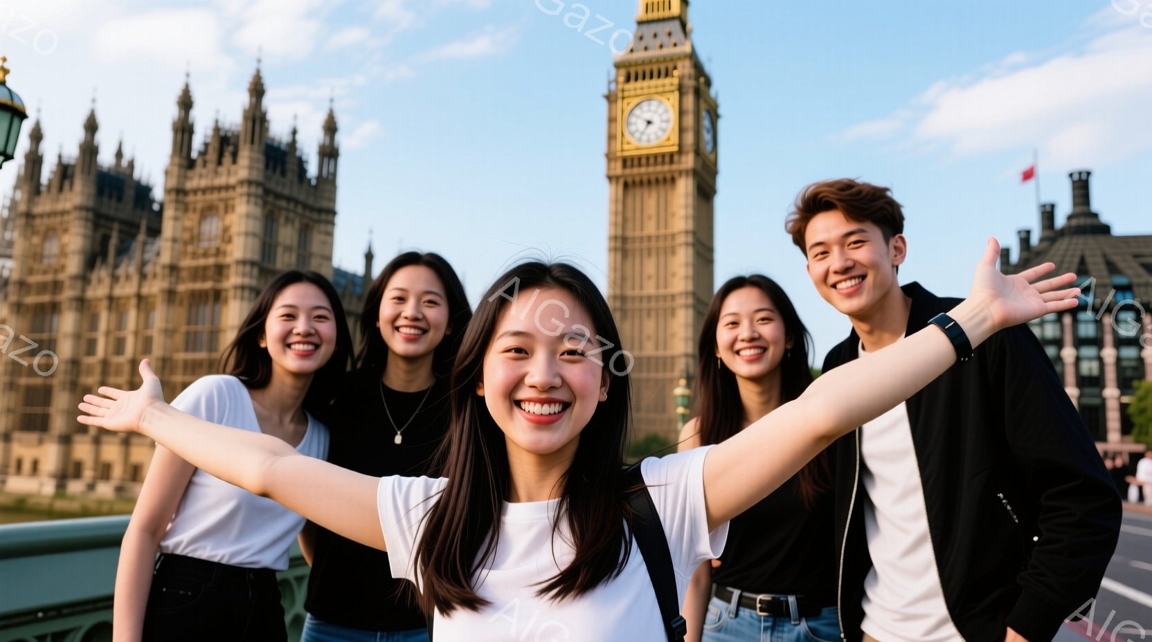 ５人の若い女性と男性が、明るい表情で腕を広げて写っています。女性たちは白いTシャツにジーンズやスカートを合わせ、男性は黒いジャケットを着ています。背景にはウェストミンスター宮殿とビッグ・ベンが青空の下 - AI生成フリー素材